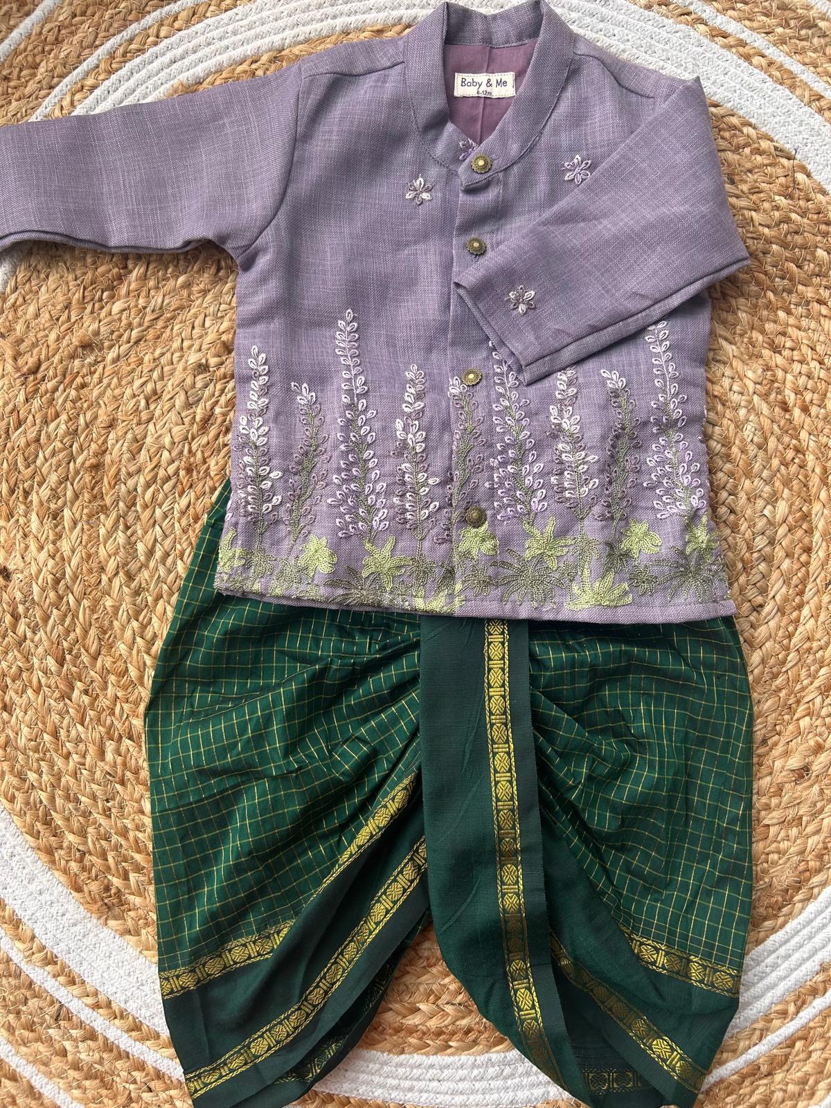 Pure Linen purple Kurta with green Dhoti for baby boy