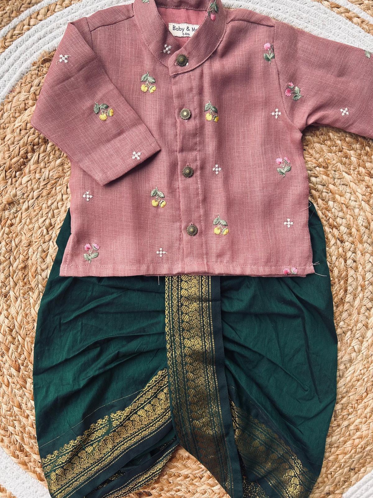 Pure Linen pink Kurta with green Dhoti for baby boy