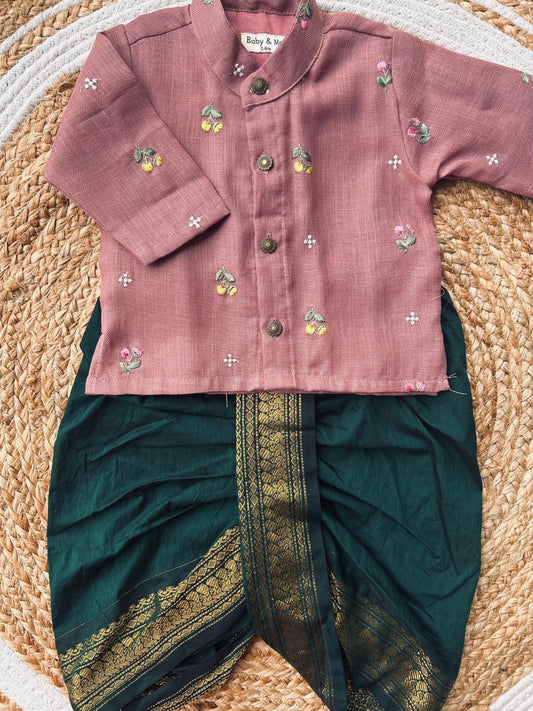 Pure Linen pink Kurta with green Dhoti for baby boy