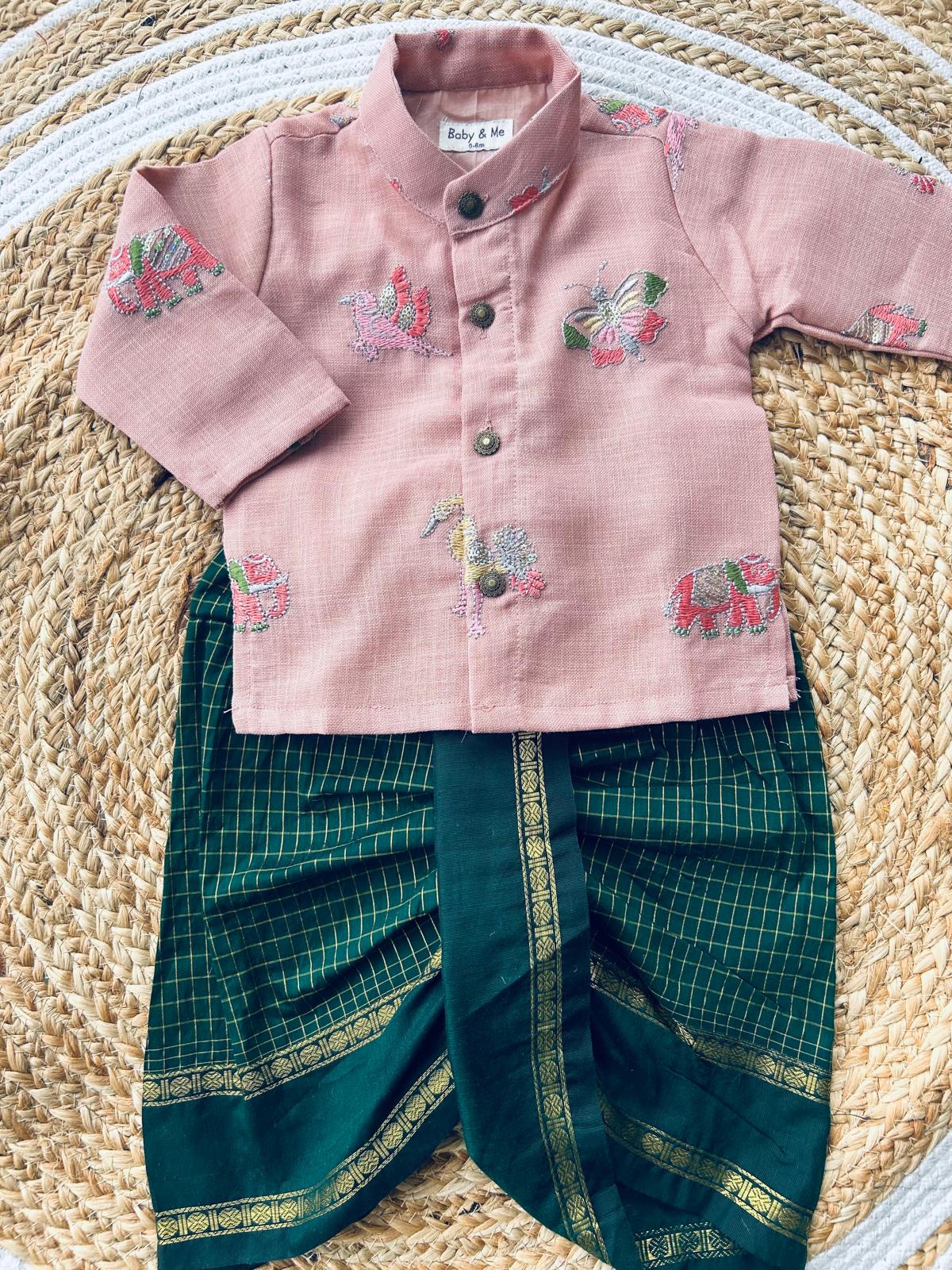 Pure Linen Pink and multi design Kurta and green checks Dhoti for baby boy