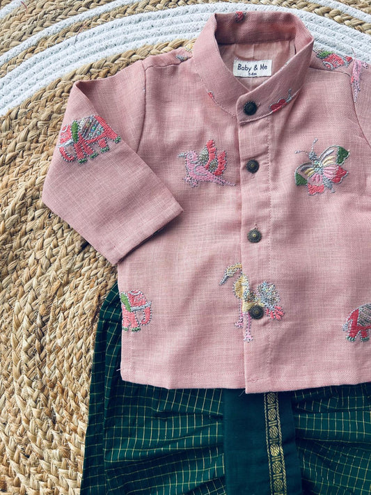 Pure Linen Pink and multi design Kurta and green checks Dhoti for baby boy