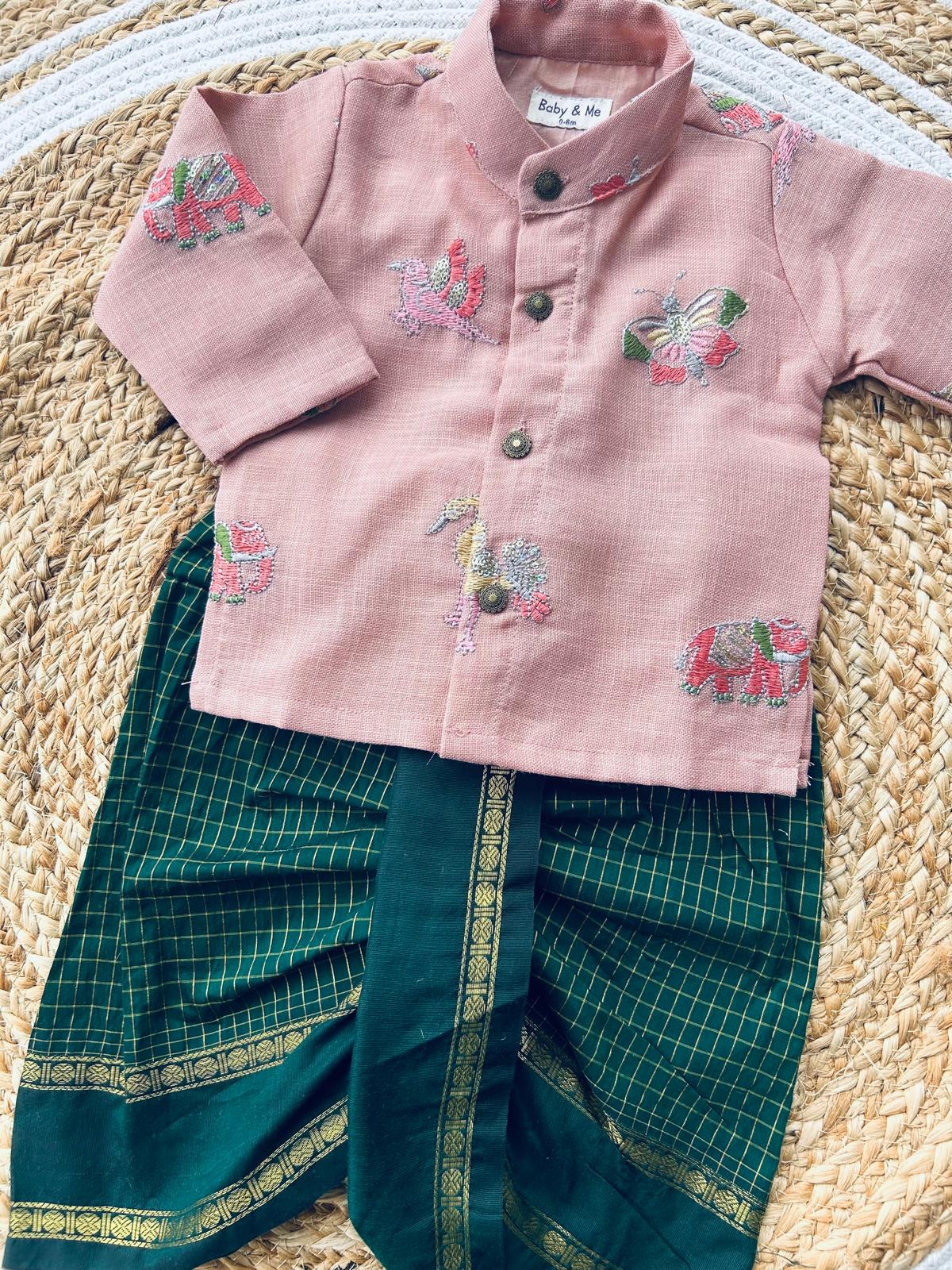 Pure Linen Pink and multi design Kurta and green checks Dhoti for baby boy