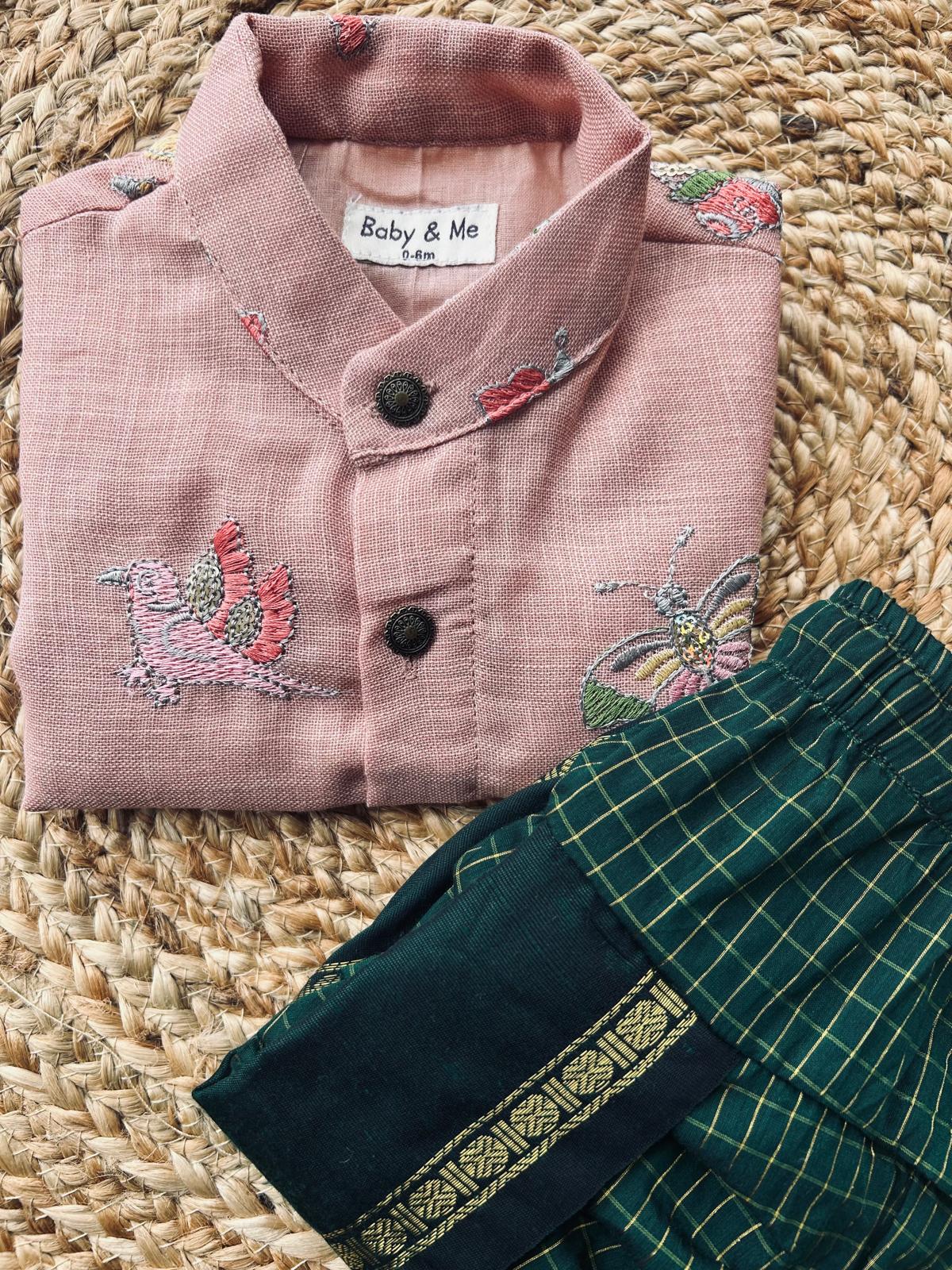 Pure Linen Pink and multi design Kurta and green checks Dhoti for baby boy