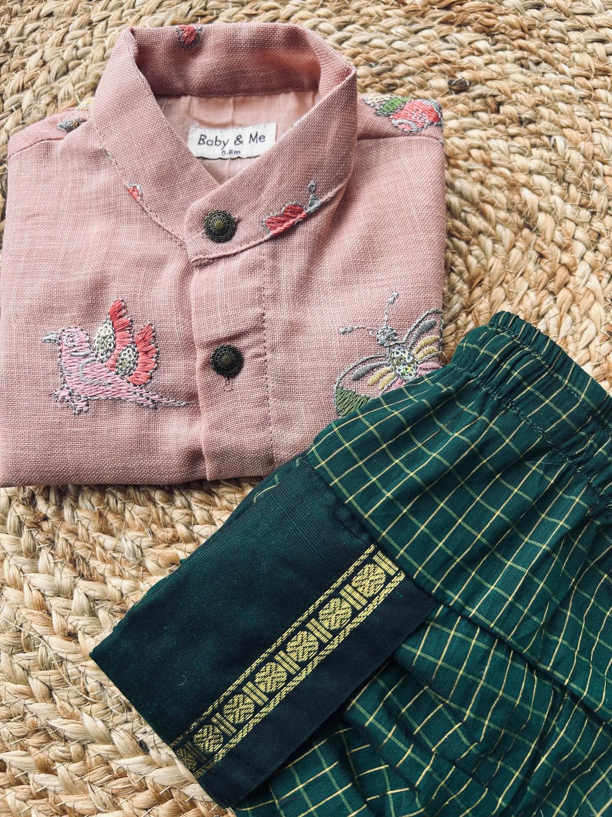 Pure Linen Pink and multi design Kurta and green checks Dhoti for baby boy