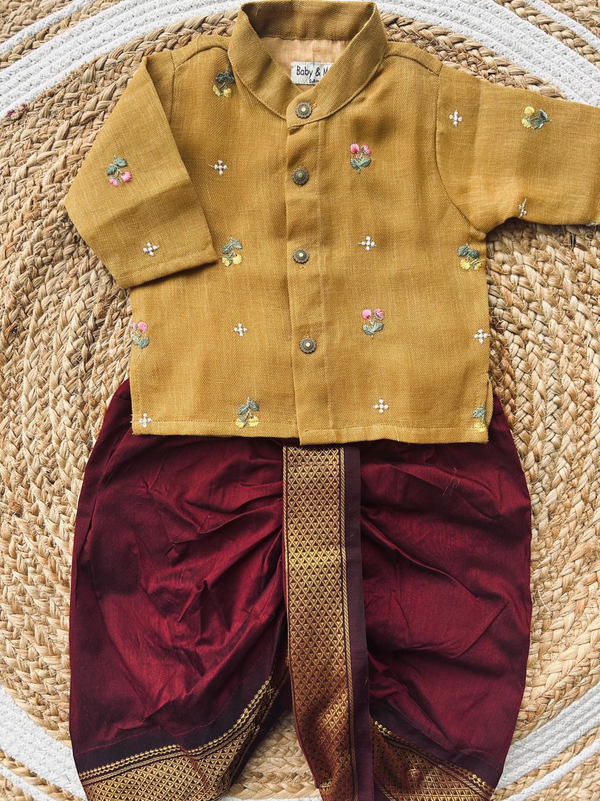 Mustard yellow pure linen Kurta and maroon Dhoti for baby boy