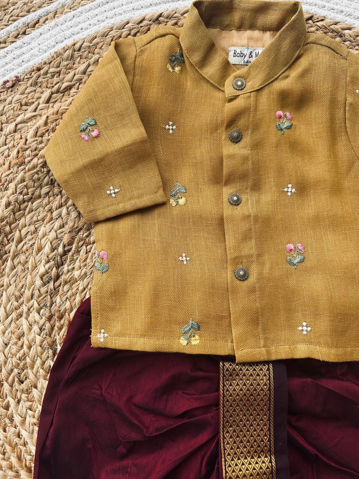 Mustard yellow pure linen Kurta and maroon Dhoti for baby boy