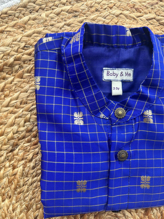Blue silk checks Kurta for baby boy ethnic top wear