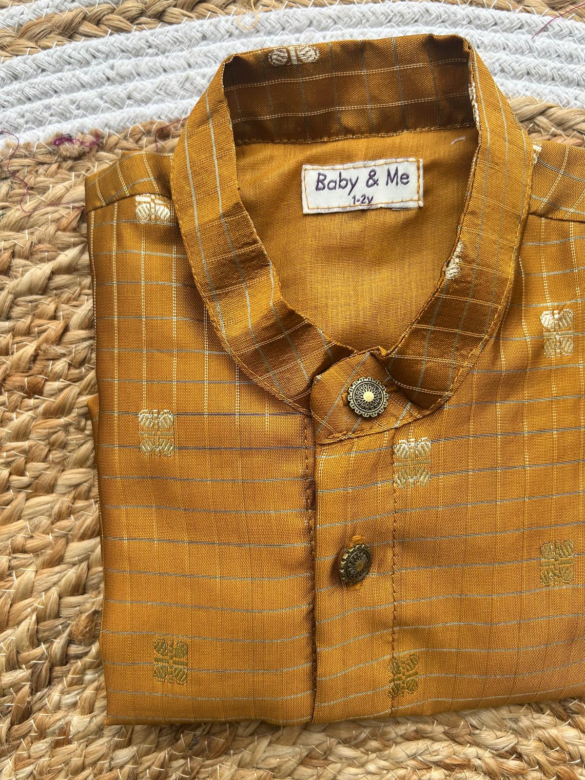 Yellow silk checks Kurta for baby boy ethnic top wear