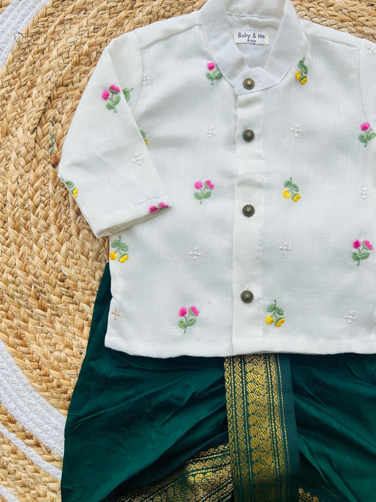 Pure Linen White and Bottle green Kurta Dhoti for baby boy