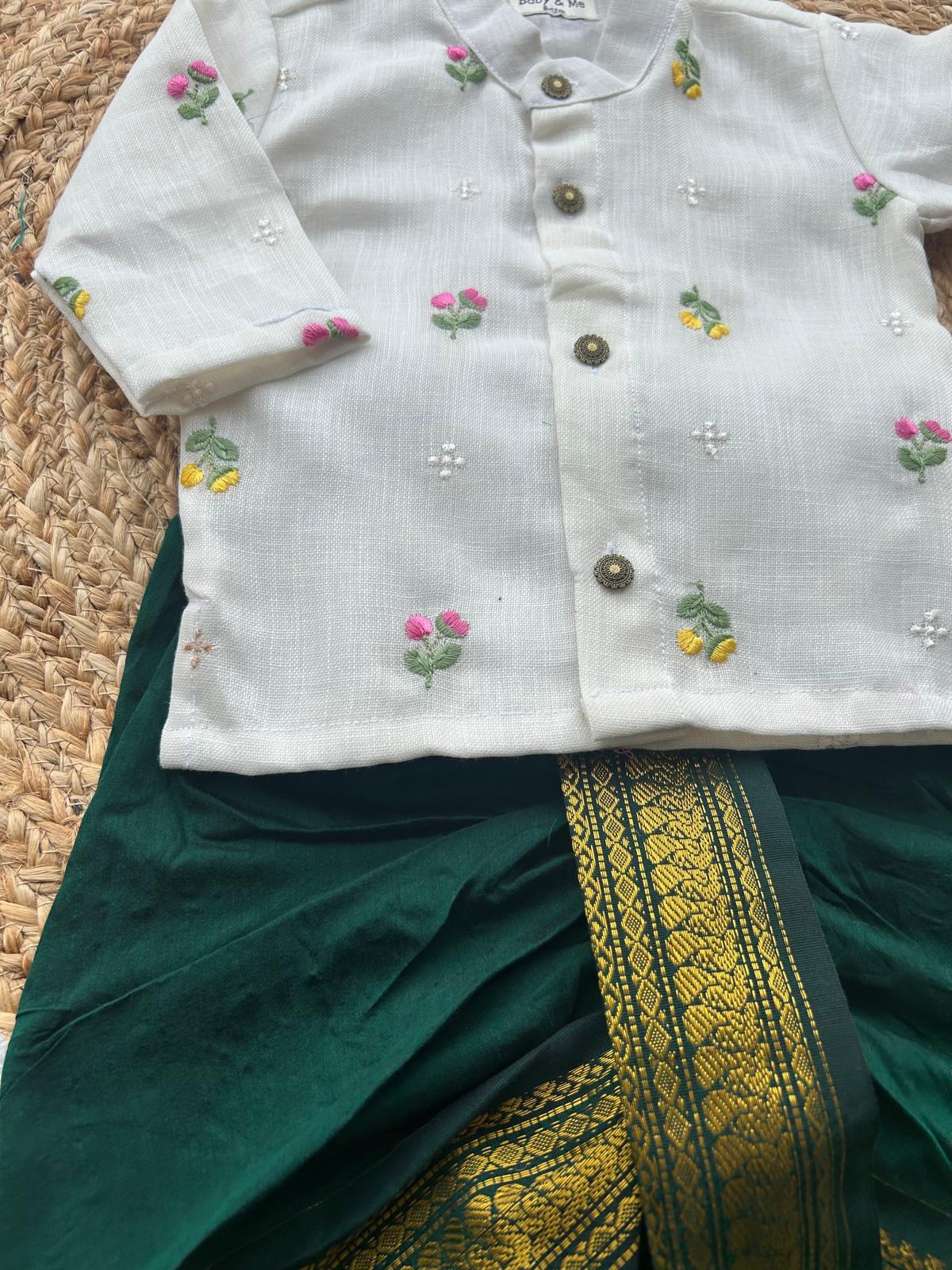 Pure Linen White and Bottle green Kurta Dhoti for baby boy