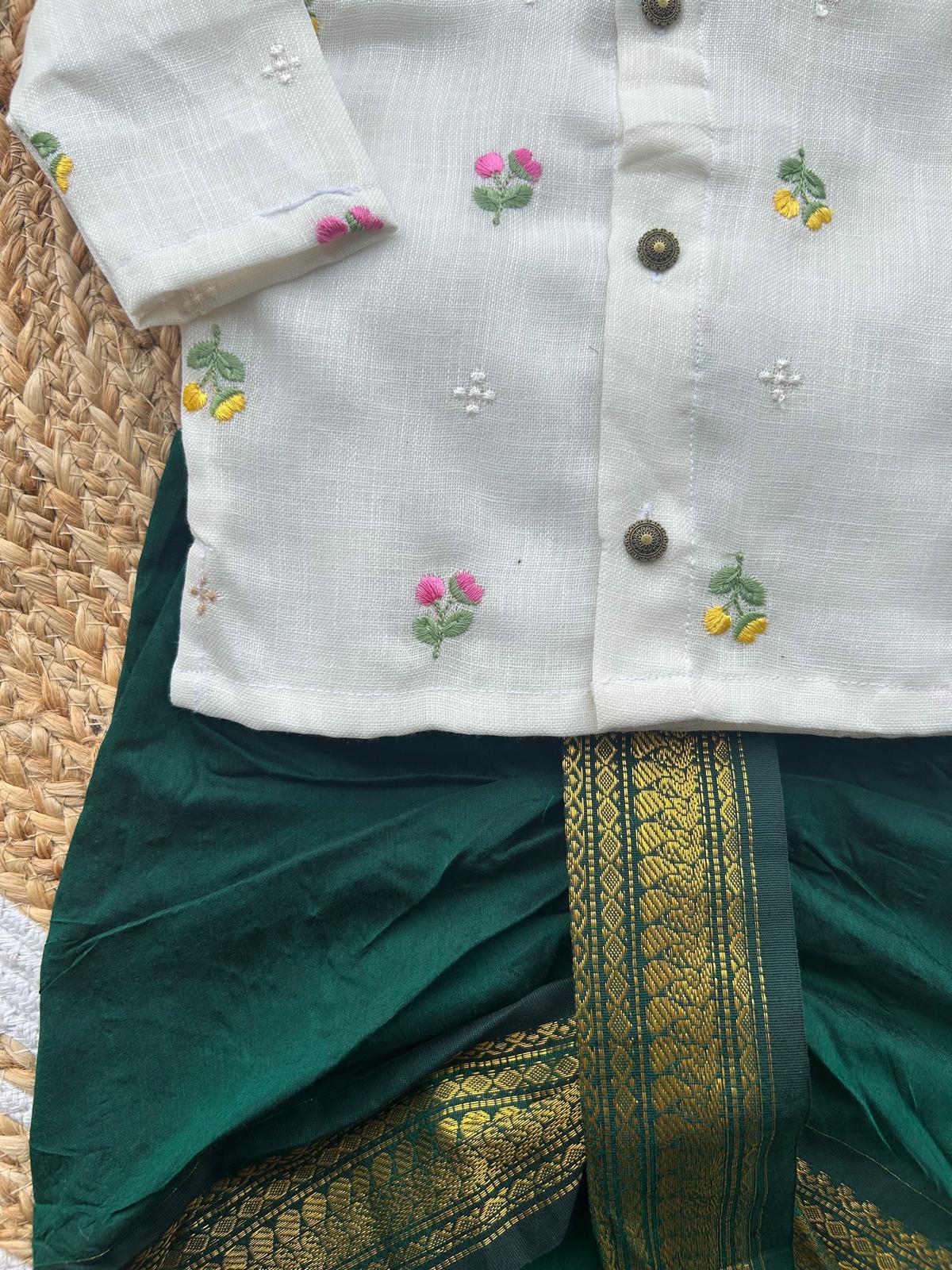 Pure Linen White and Bottle green Kurta Dhoti for baby boy