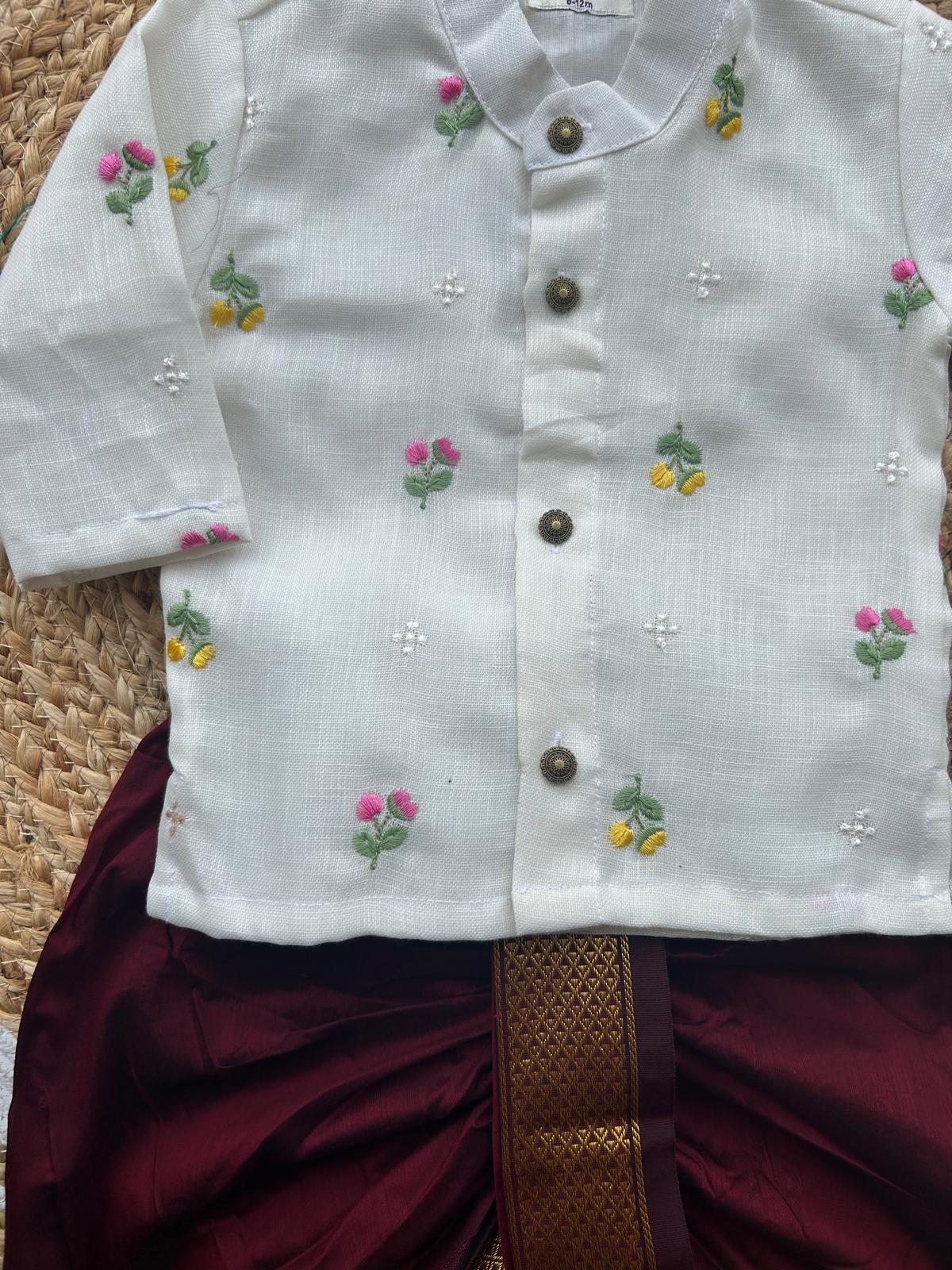 Pure Linen White and Maroon Kurta Dhoti for baby boy