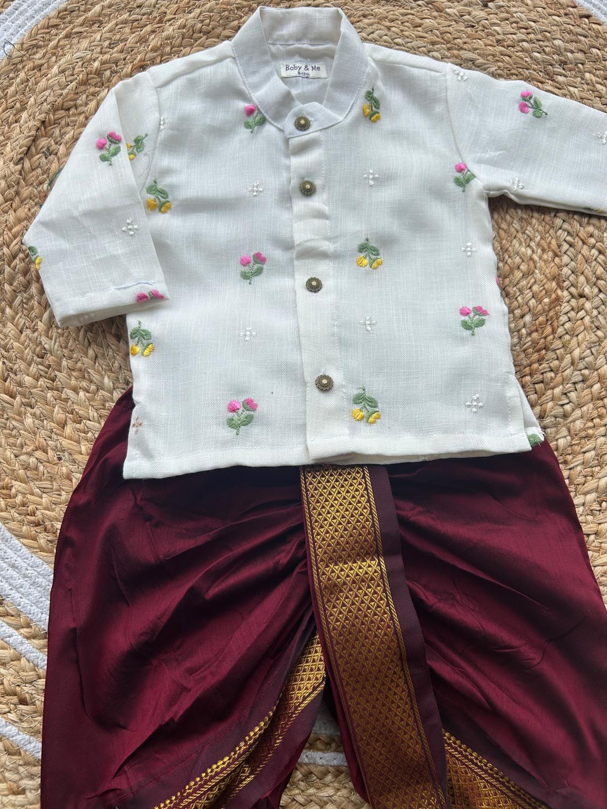 Pure Linen White and Maroon Kurta Dhoti for baby boy