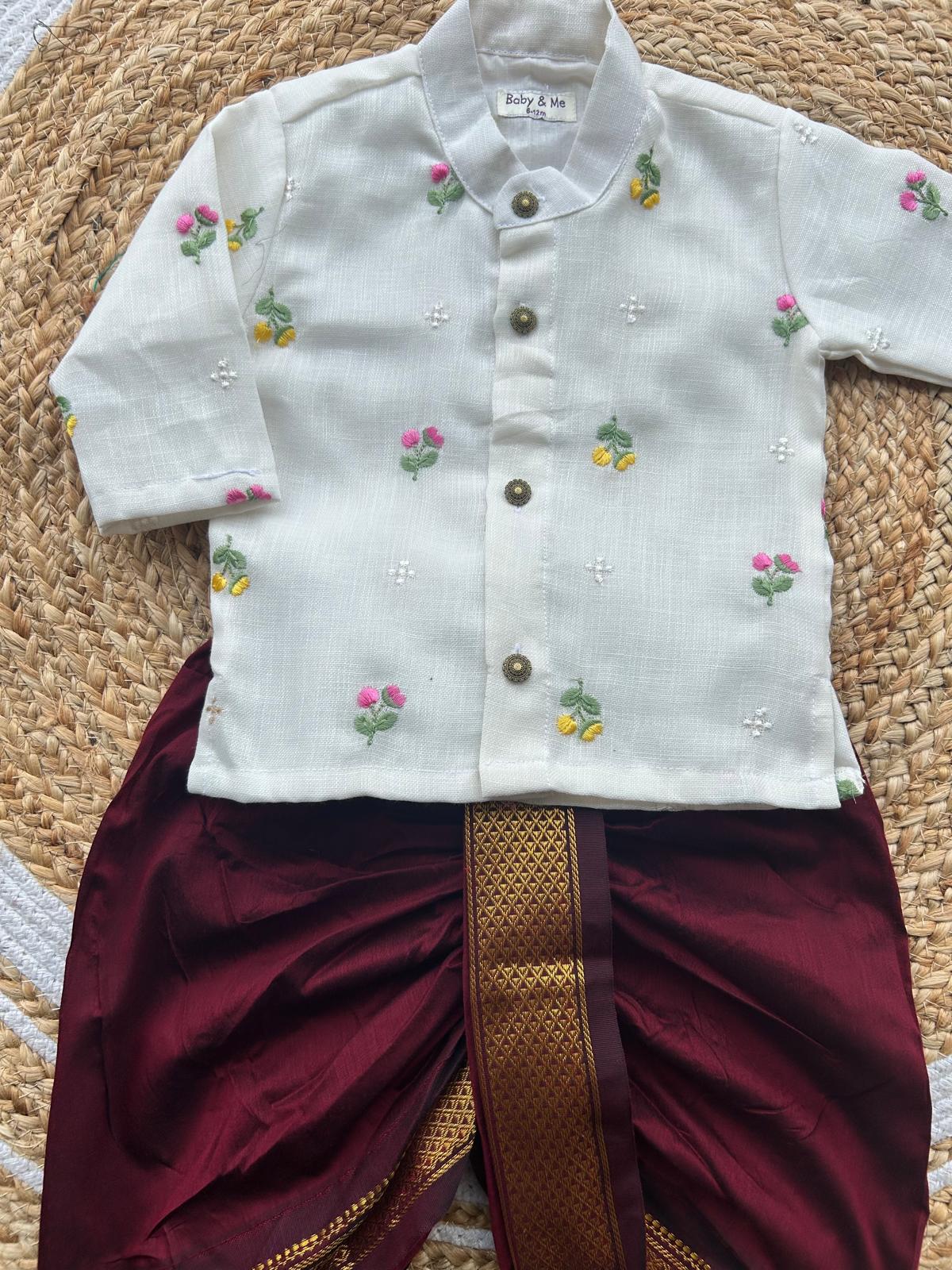 Pure Linen White and Maroon Kurta Dhoti for baby boy