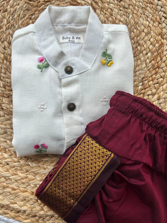 Pure Linen White and Maroon Kurta Dhoti for baby boy