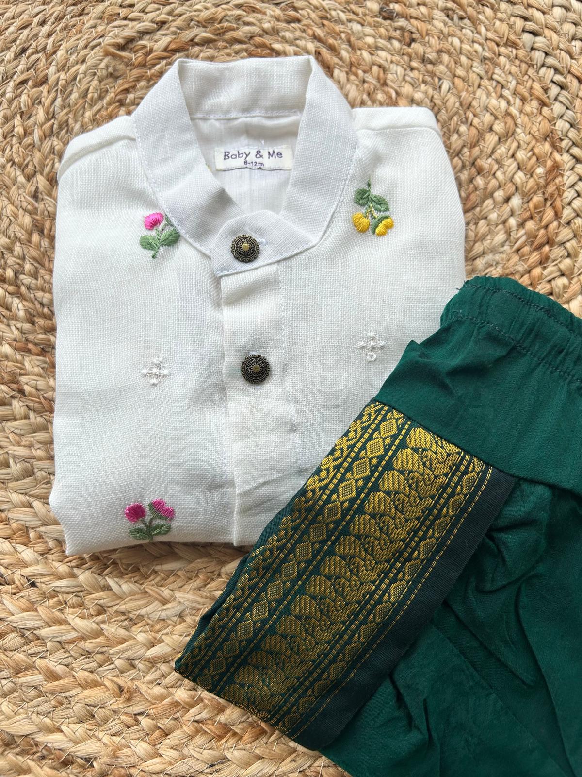 Pure Linen White and Bottle green Kurta Dhoti for baby boy