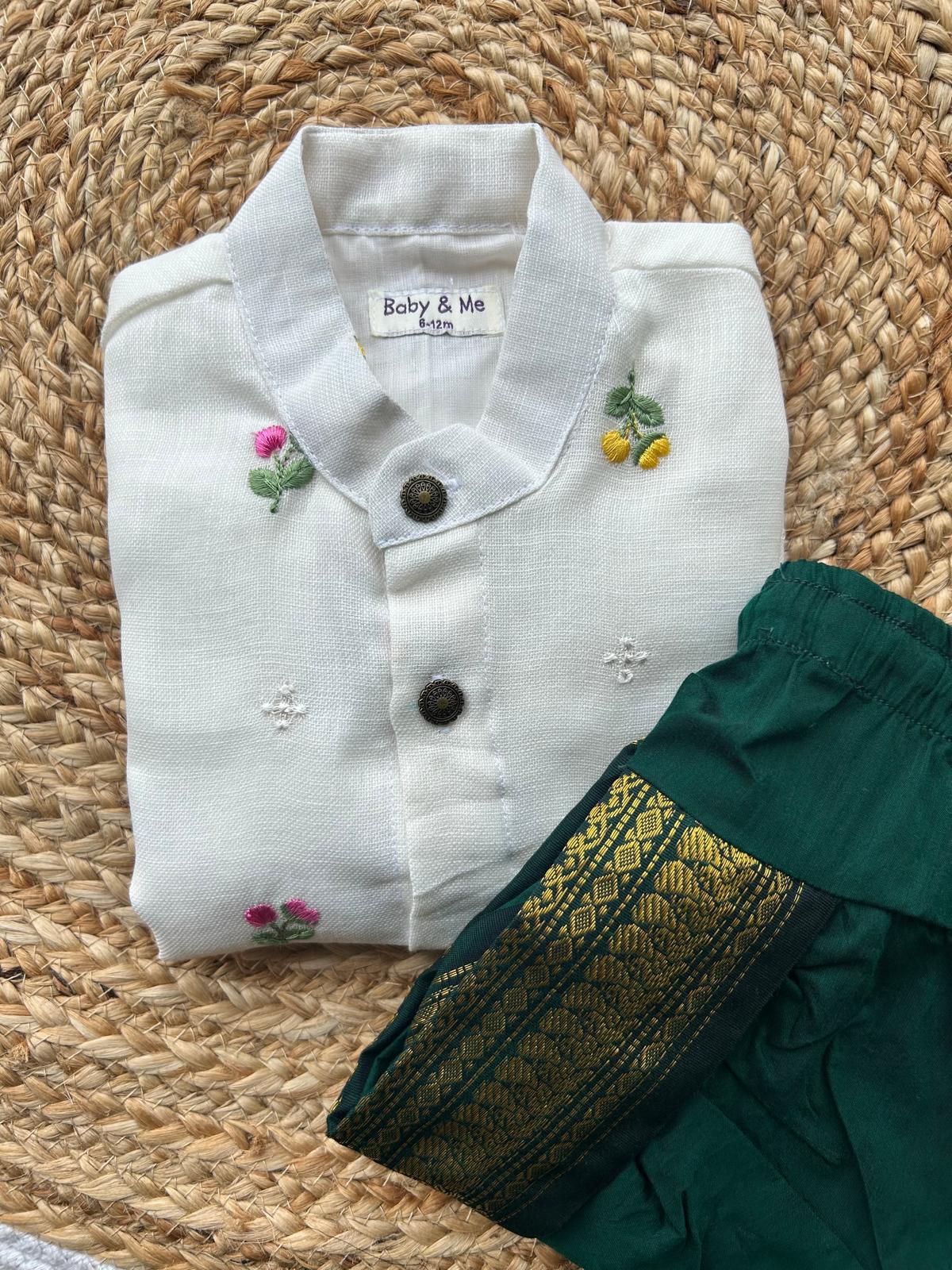 Pure Linen White and Bottle green Kurta Dhoti for baby boy