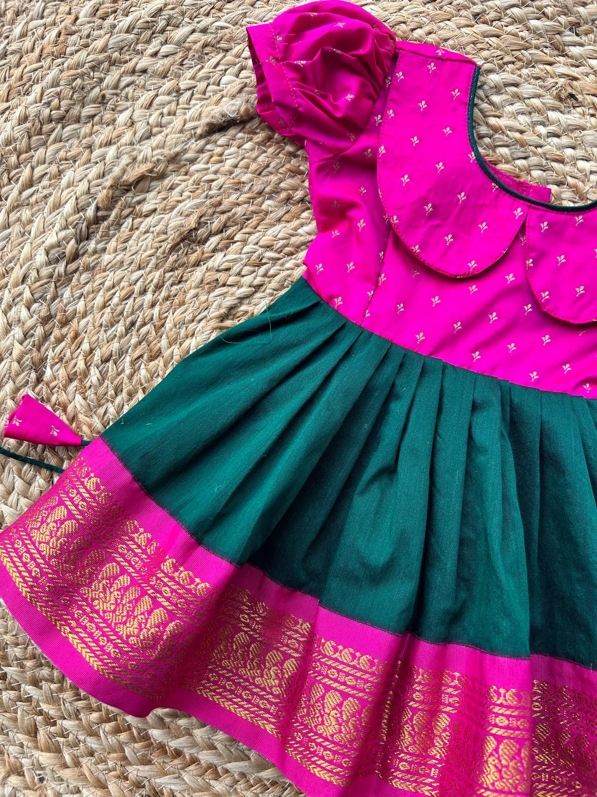 Pink and bottle green (Retro Style) - Zari border ethnic wear for baby girl