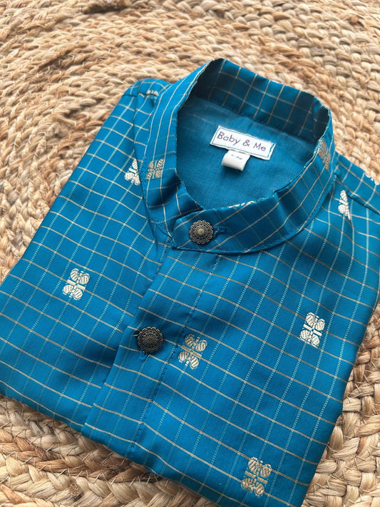Peacock green silk checks Kurta for baby boy ethnic top wear