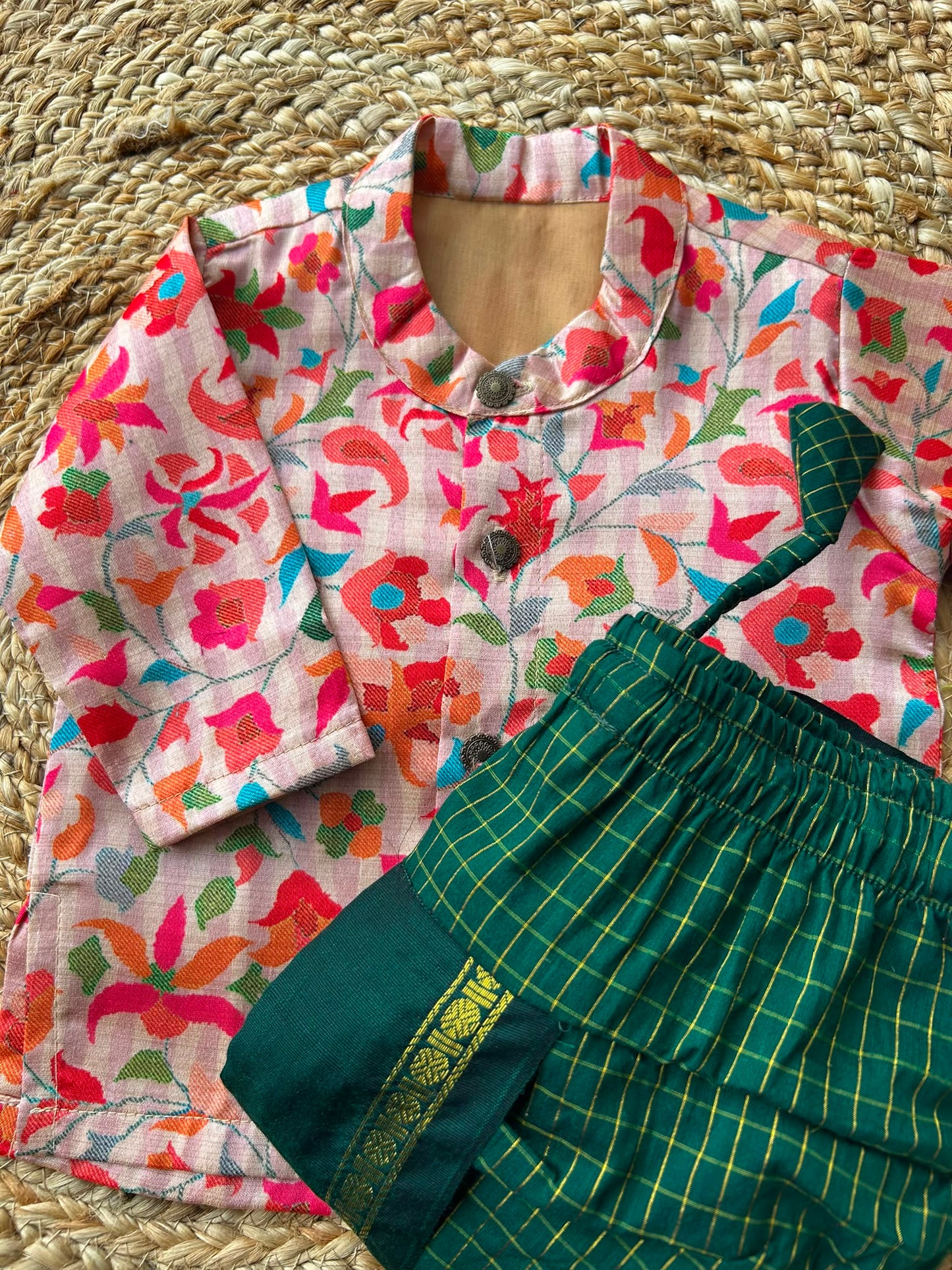 Traditional Indian Multi floral Autumn with Bottle green checks kurta dhoti baby boy ethnic wear