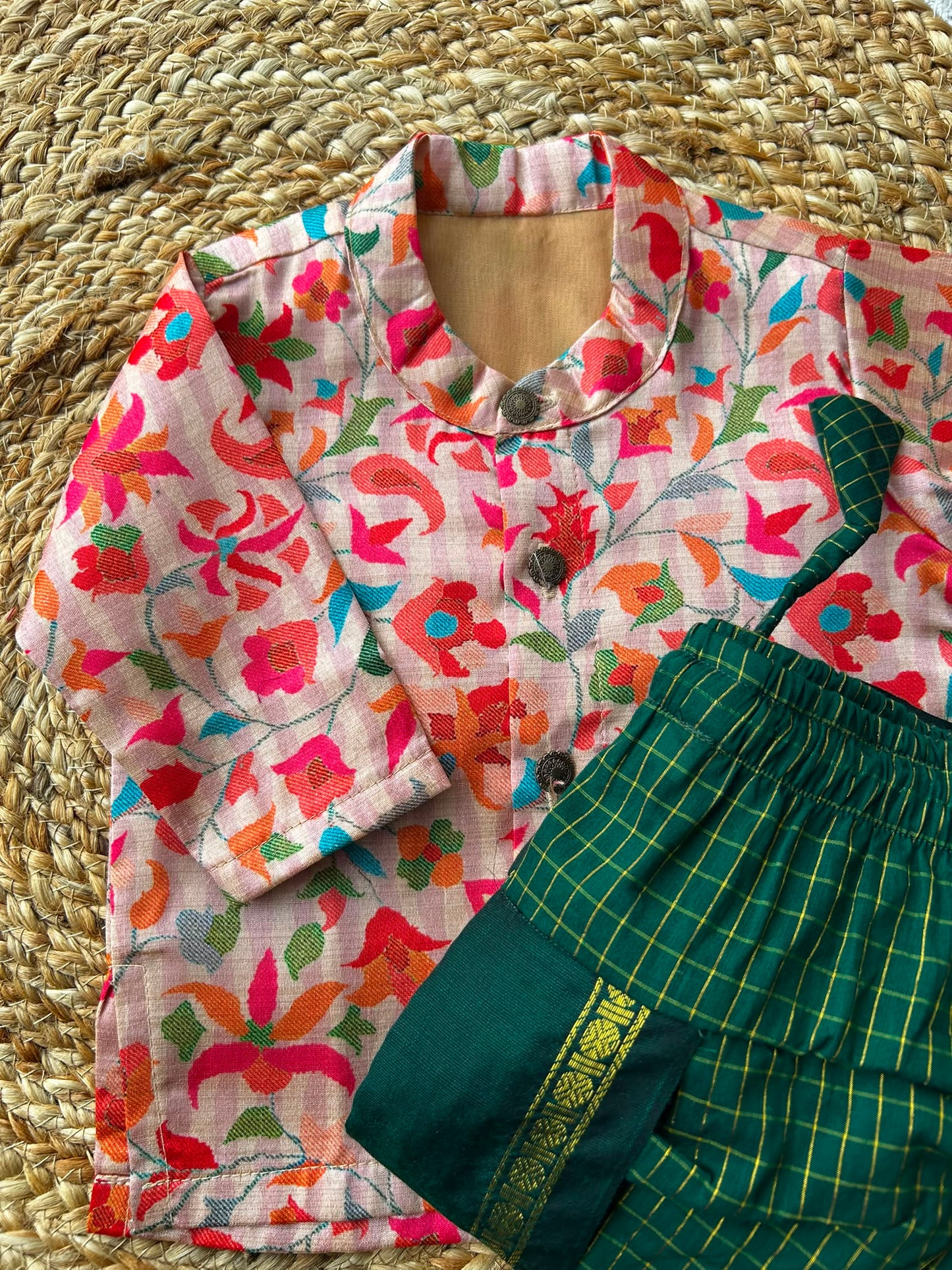 Traditional Indian Multi floral Autumn with Bottle green checks kurta dhoti baby boy ethnic wear