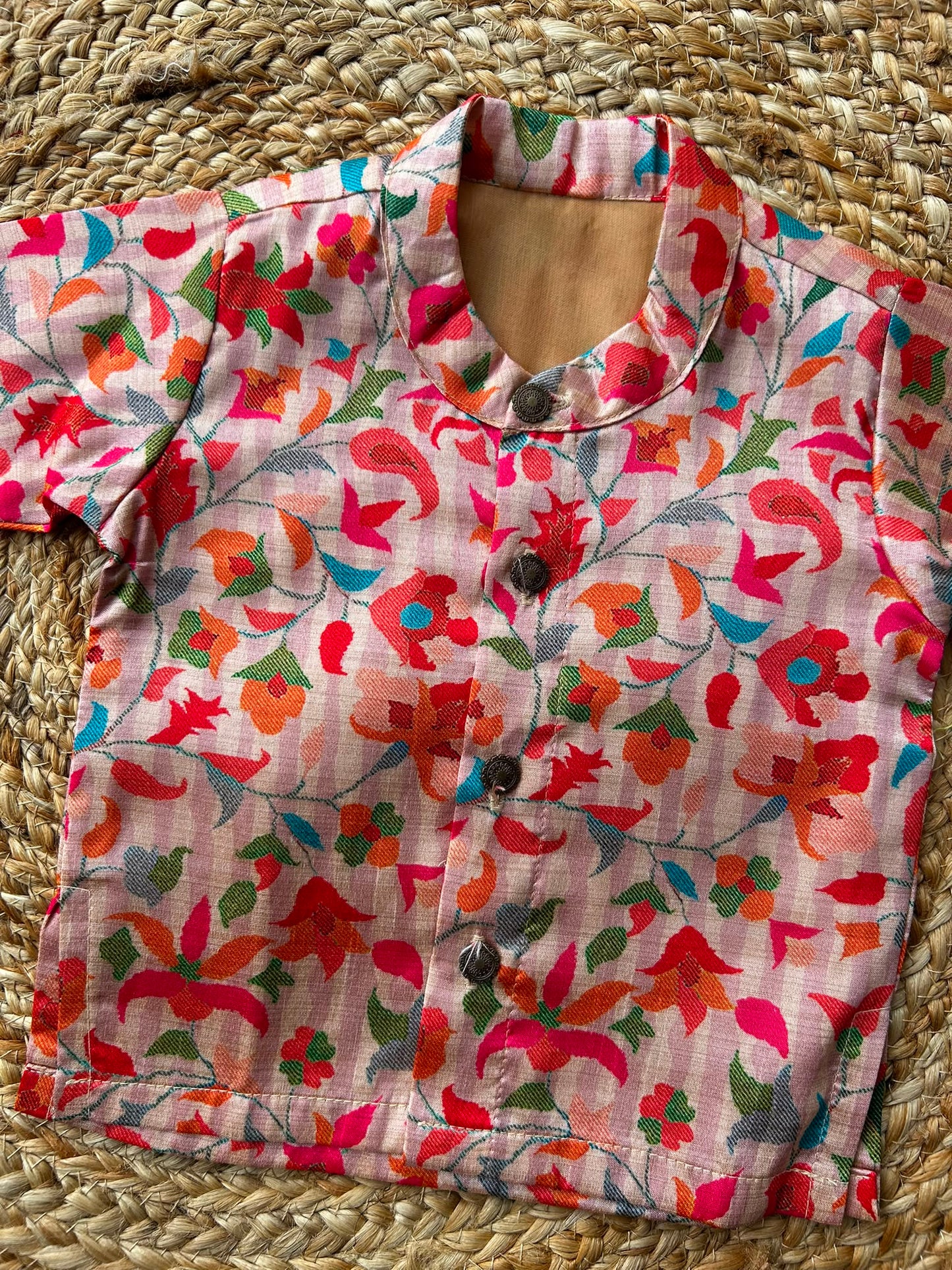 Kalamkari Indian Print Cream Floral Semi silk kurta baby boy ethnic top wear