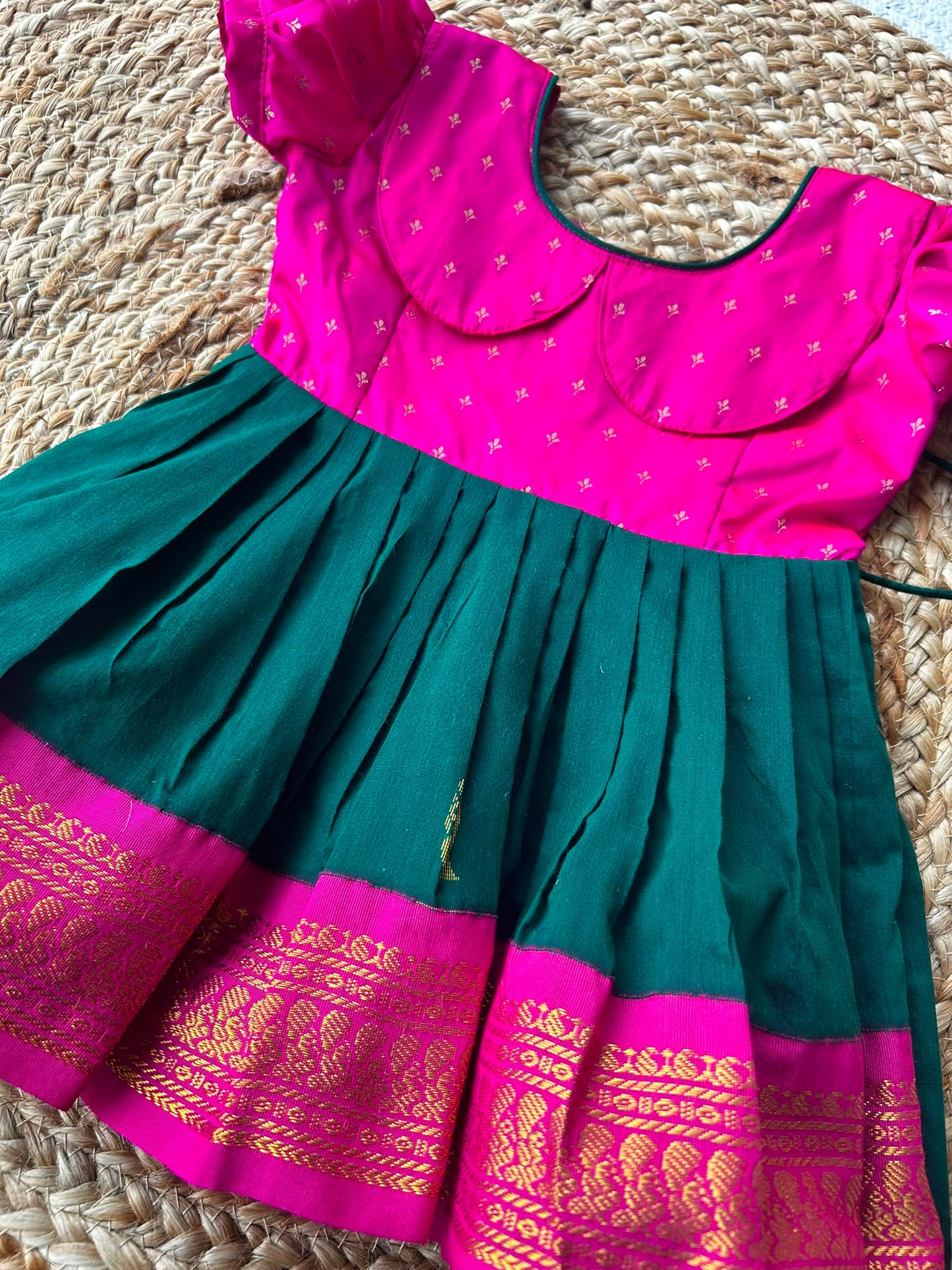 Pink and bottle green (Retro Style) - Zari border ethnic wear for baby girl