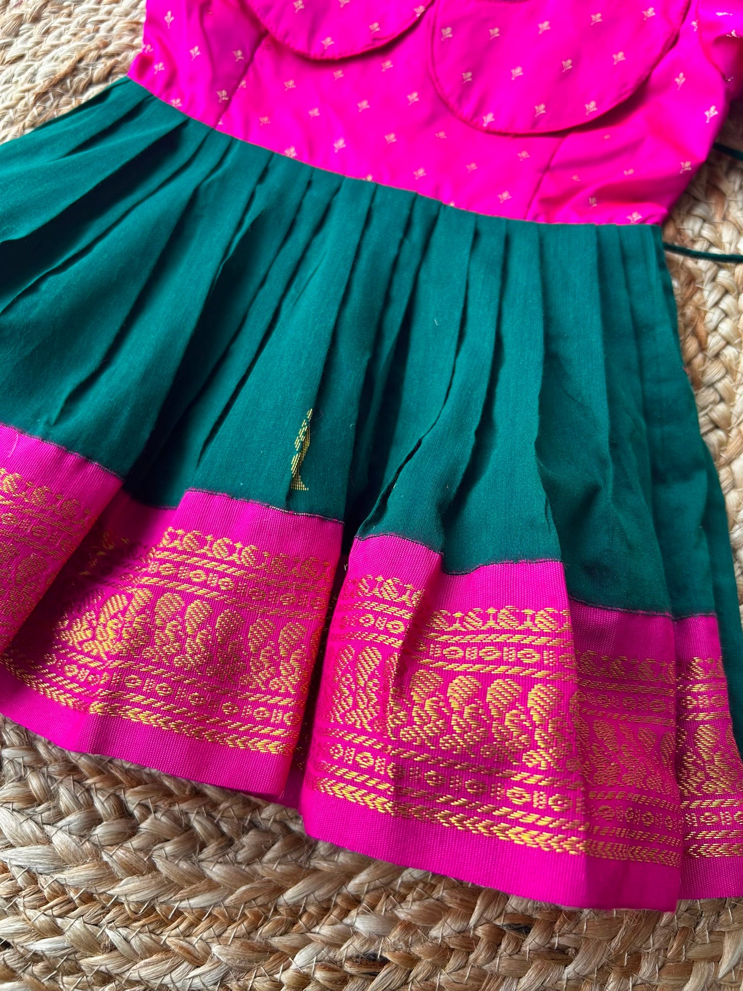 Pink and bottle green (Retro Style) - Zari border ethnic wear for baby girl
