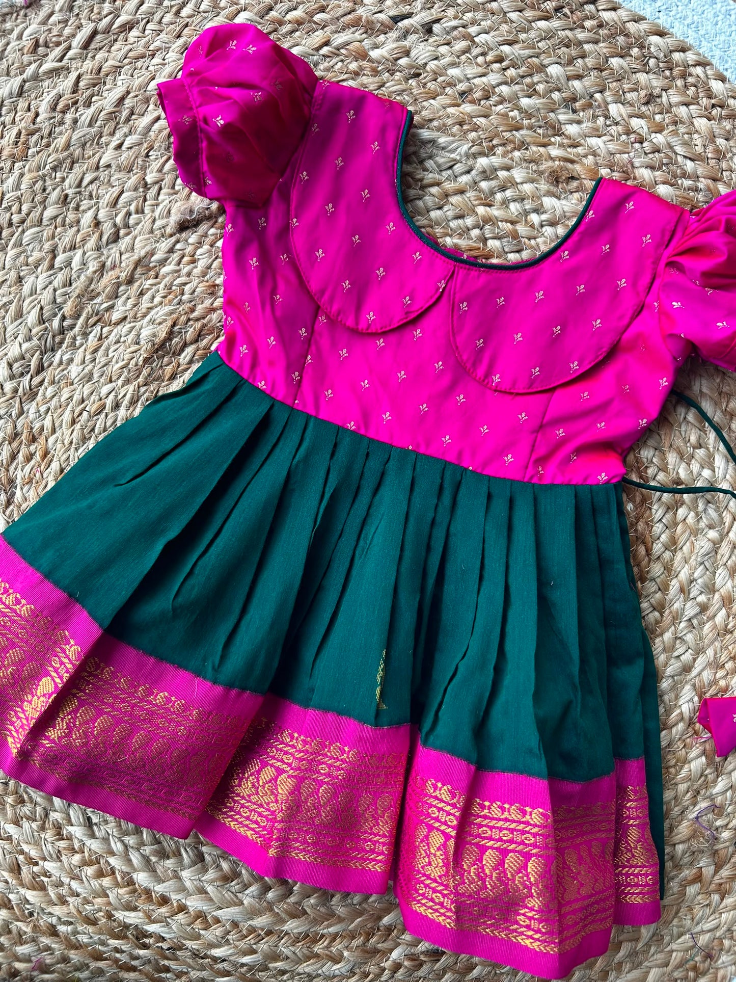 Pink and bottle green (Retro Style) - Zari border ethnic wear for baby girl