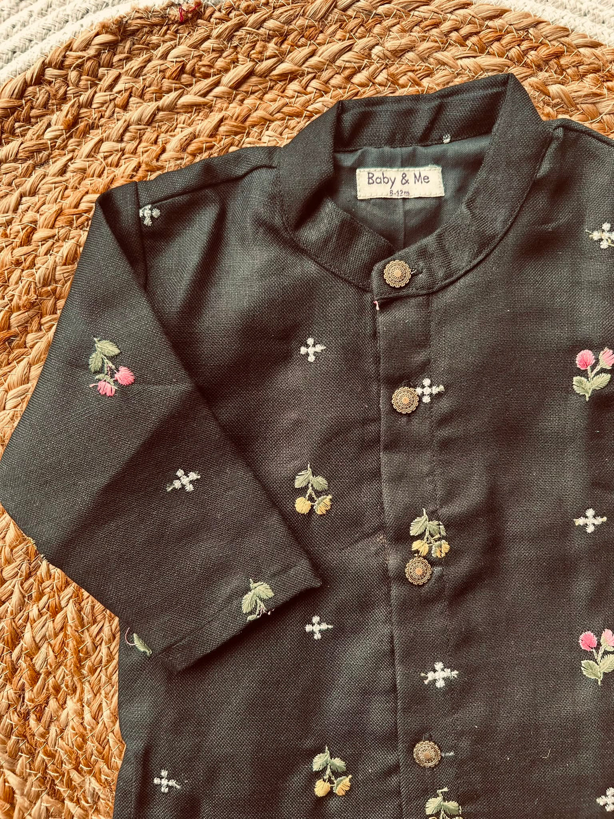Pure Linen Black with Kerala Kasavu gold Kurta Dhoti for baby boy