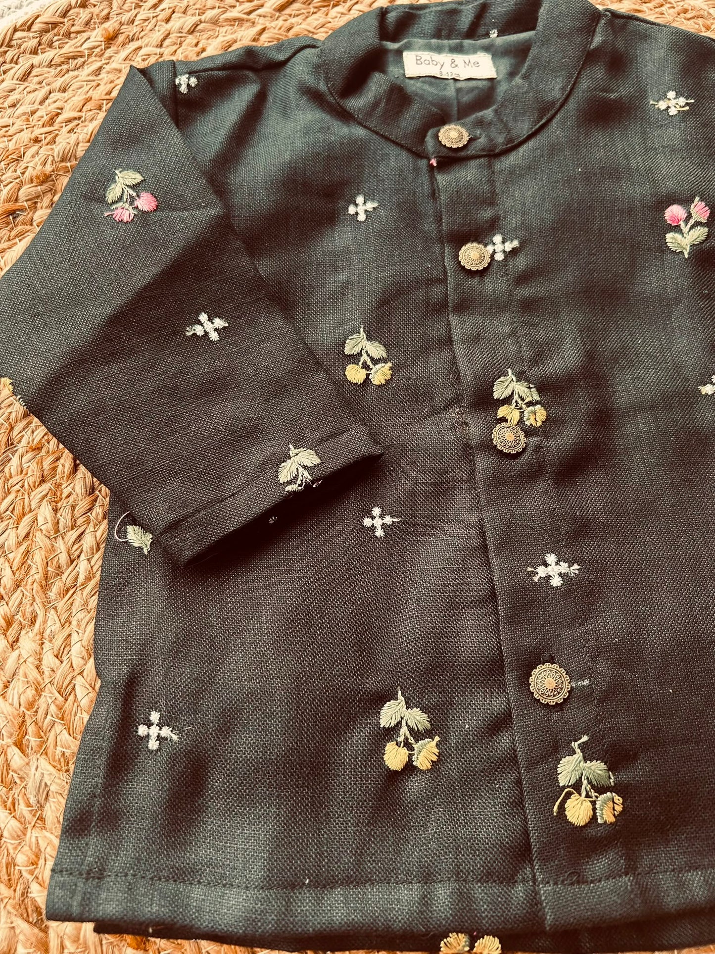 Pure Linen Black with Kerala Kasavu gold Kurta Dhoti for baby boy
