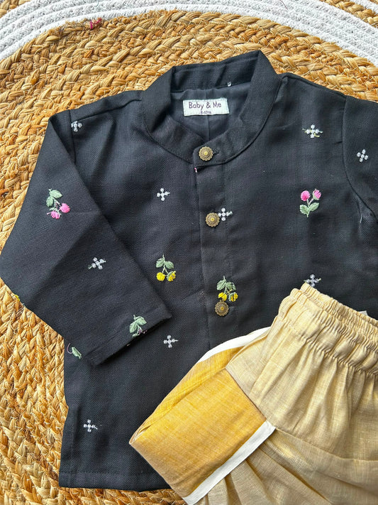 Pure Linen Black with Kerala Kasavu gold Kurta Dhoti for baby boy
