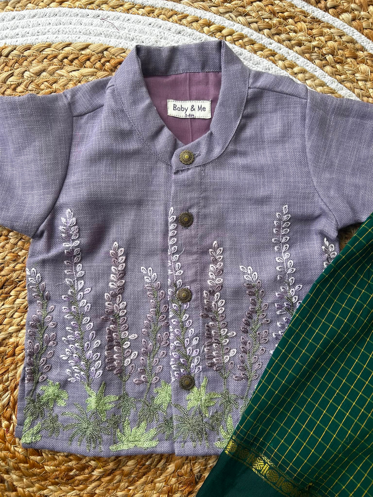 Pure Linen purple Kurta with green Dhoti for baby boy