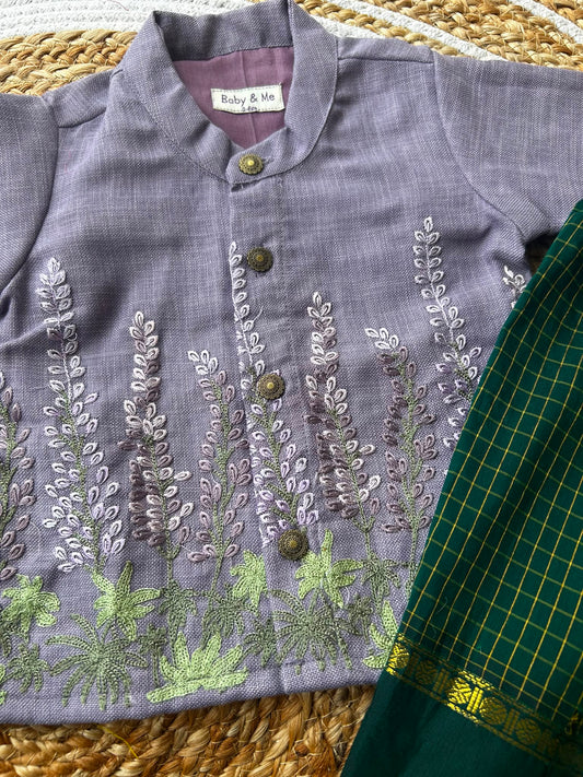 Pure Linen purple Kurta with green Dhoti for baby boy