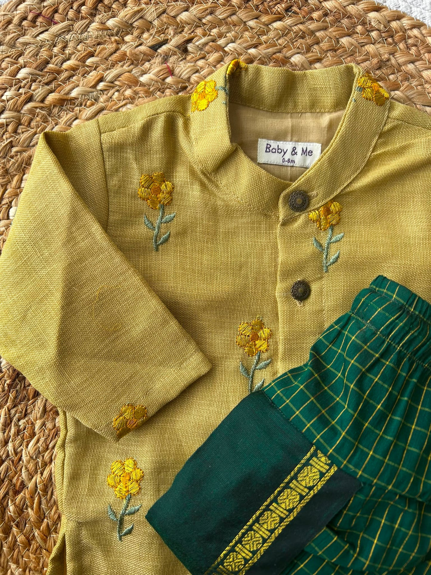 Pure Linen Pastel yellow with bottle green checks Kurta Dhoti Ethnic Wear for baby boy