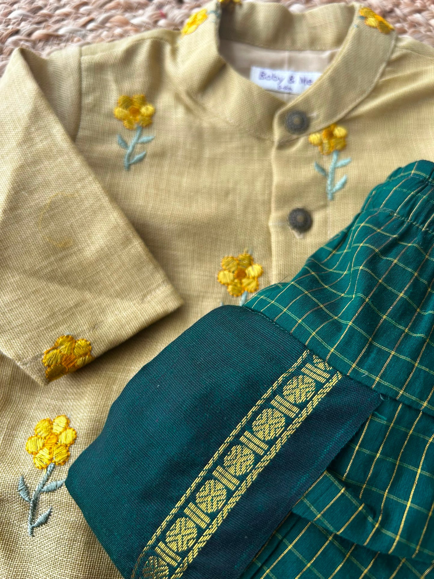 Pure Linen Pastel yellow with bottle green checks Kurta Dhoti Ethnic Wear for baby boy