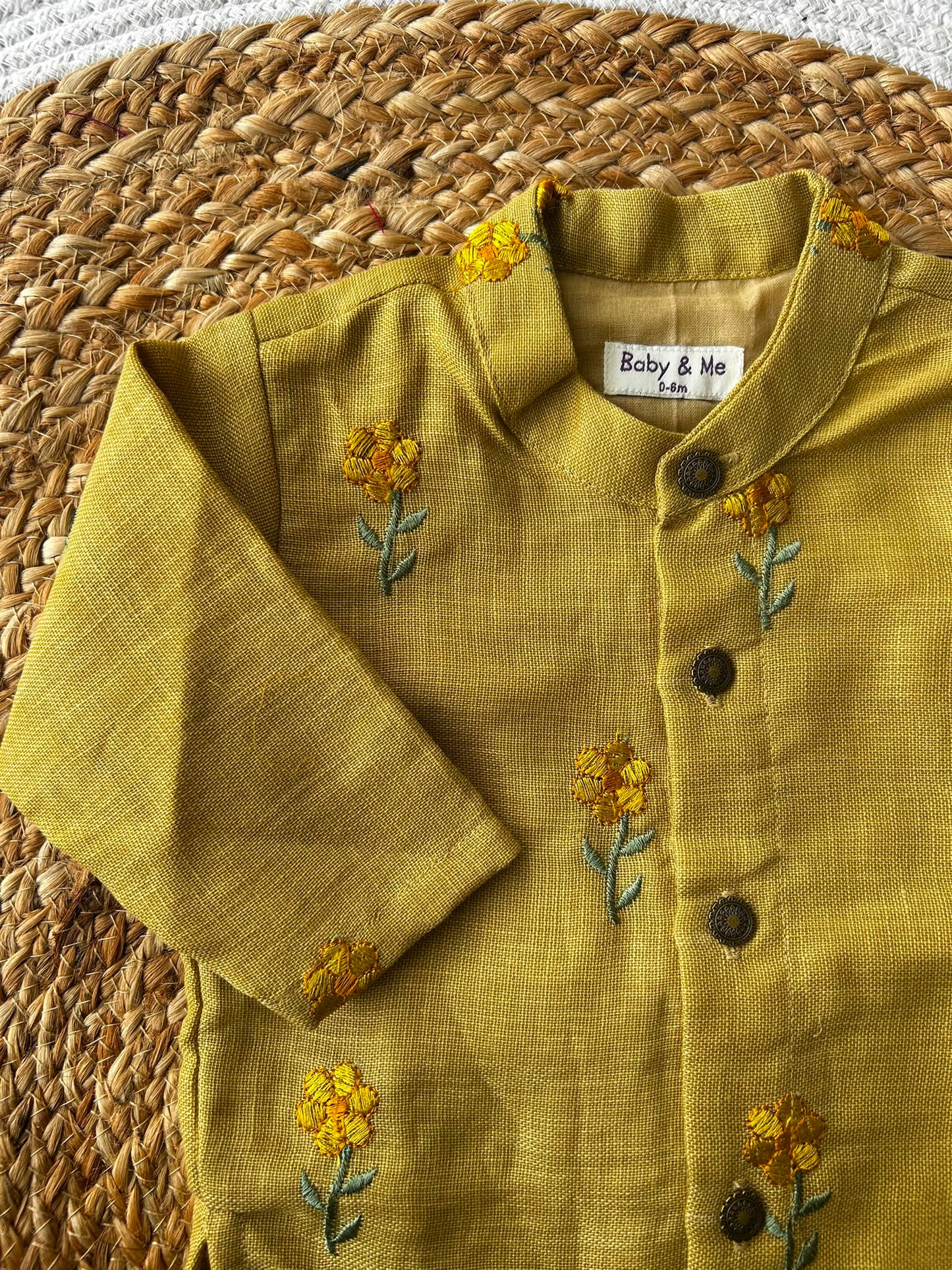 Pure Linen Pastel yellow with bottle green checks Kurta Dhoti Ethnic Wear for baby boy