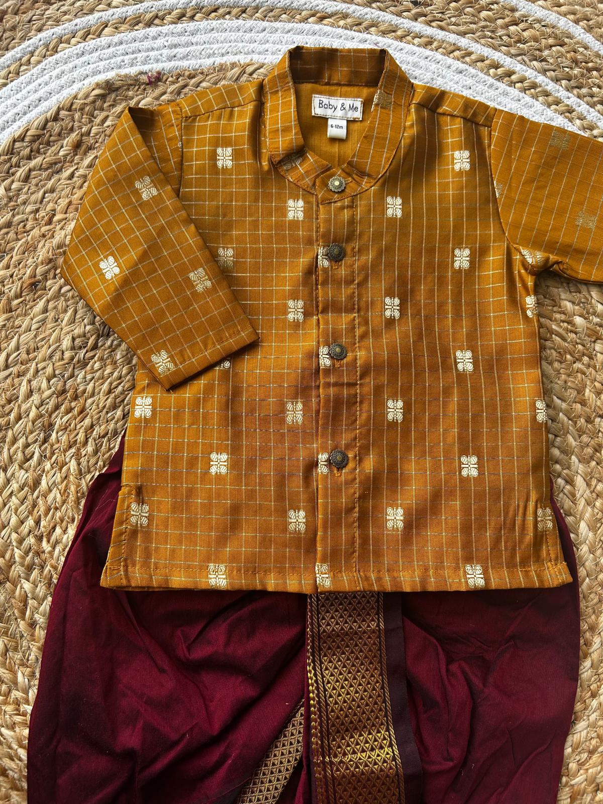 Gold with maroon reshme chowka Kurta Dhoti for baby boy - Festive Collection