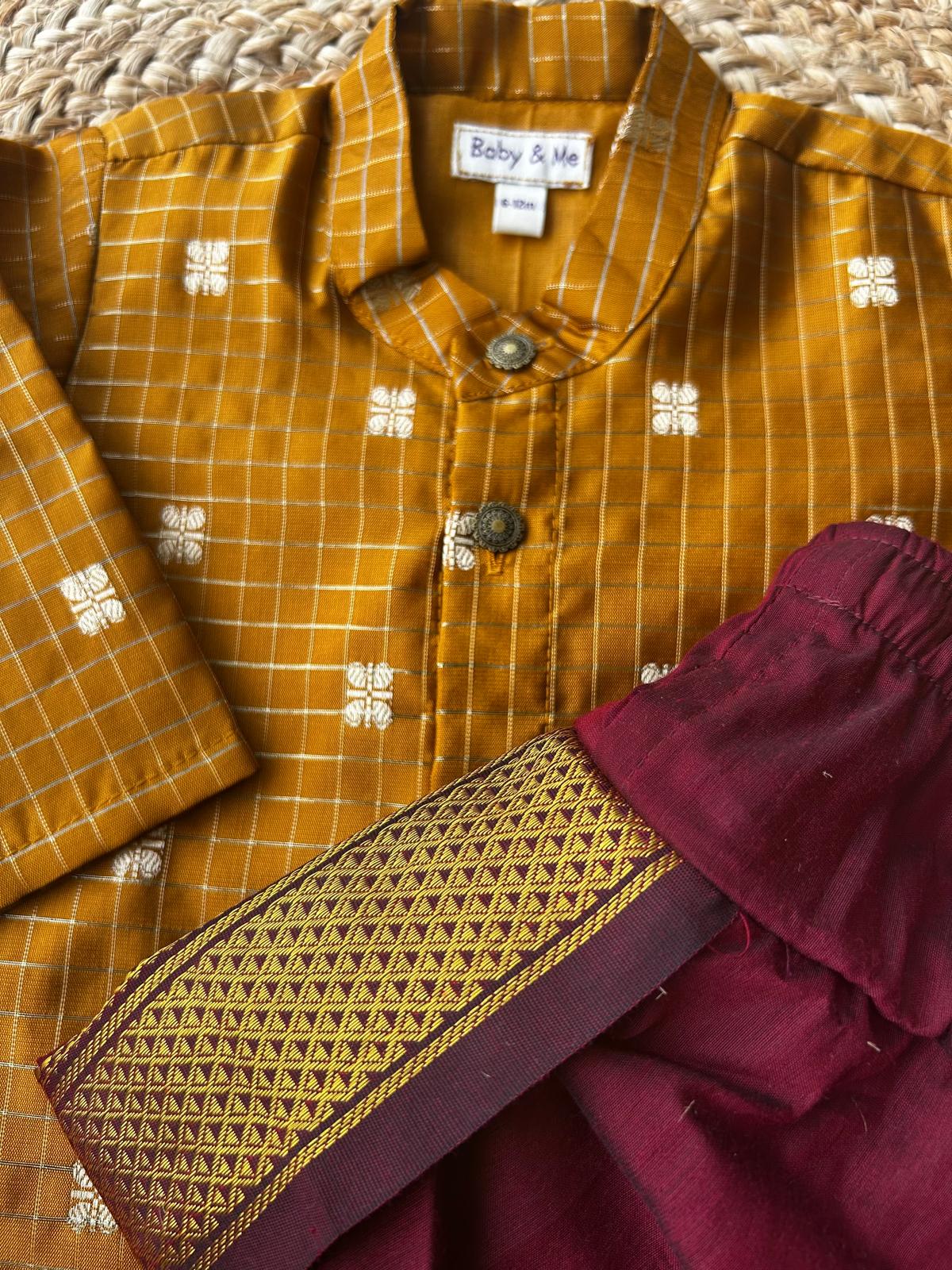 Gold with maroon reshme chowka Kurta Dhoti for baby boy - Festive Collection