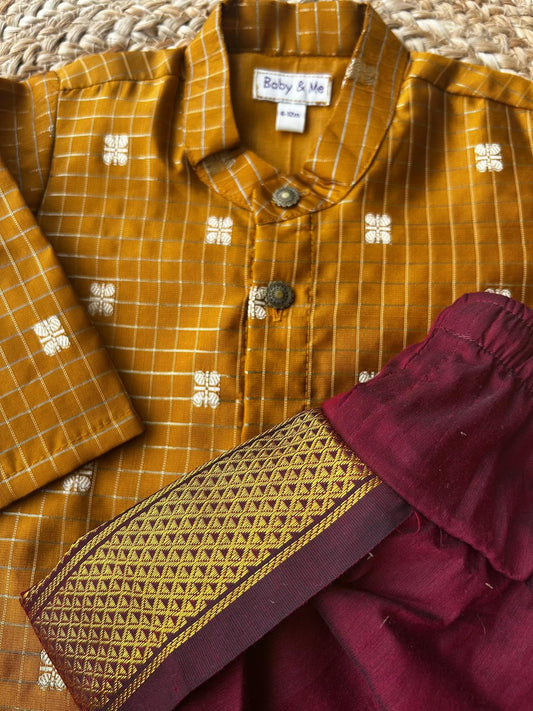 Gold with maroon reshme chowka Kurta Dhoti for baby boy - Festive Collection