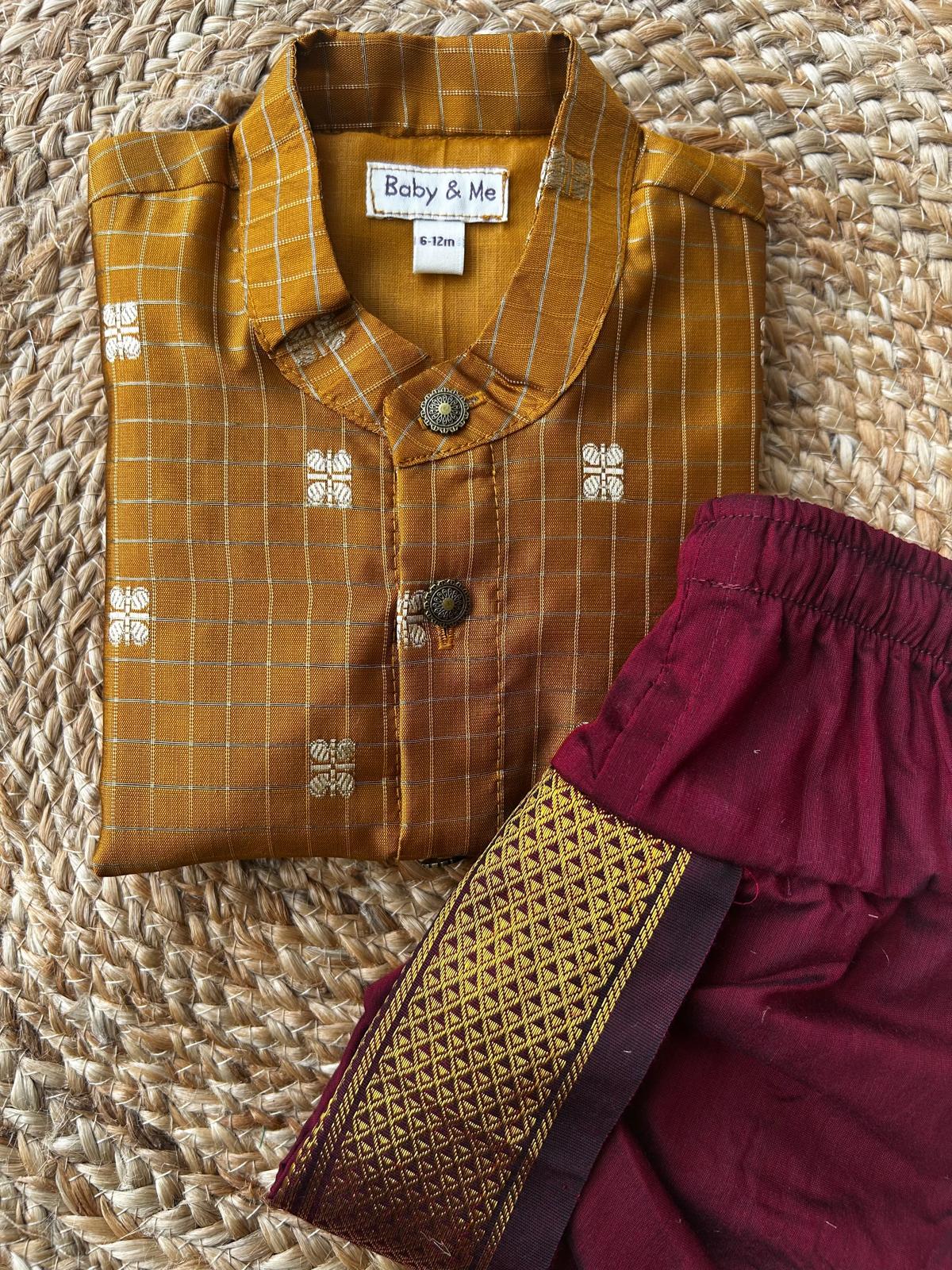 Gold with maroon reshme chowka Kurta Dhoti for baby boy - Festive Collection