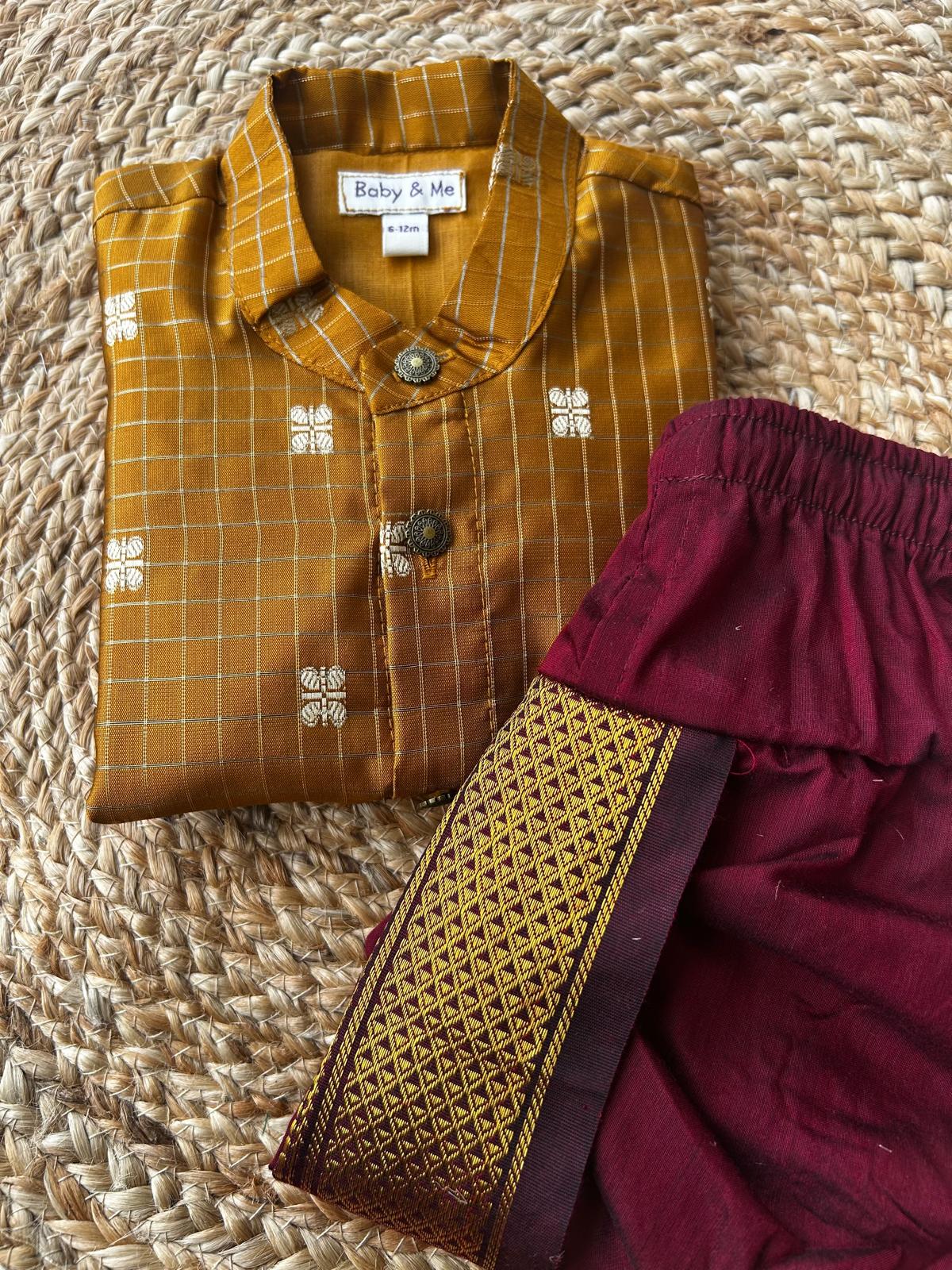 Gold with maroon reshme chowka Kurta Dhoti for baby boy - Festive Collection