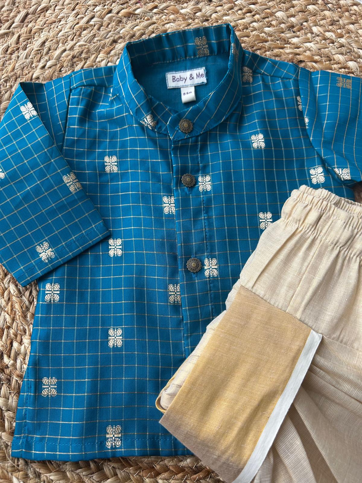 Peacock blue with gold reshme chowka Kurta Dhoti for baby boy - Festive Collection