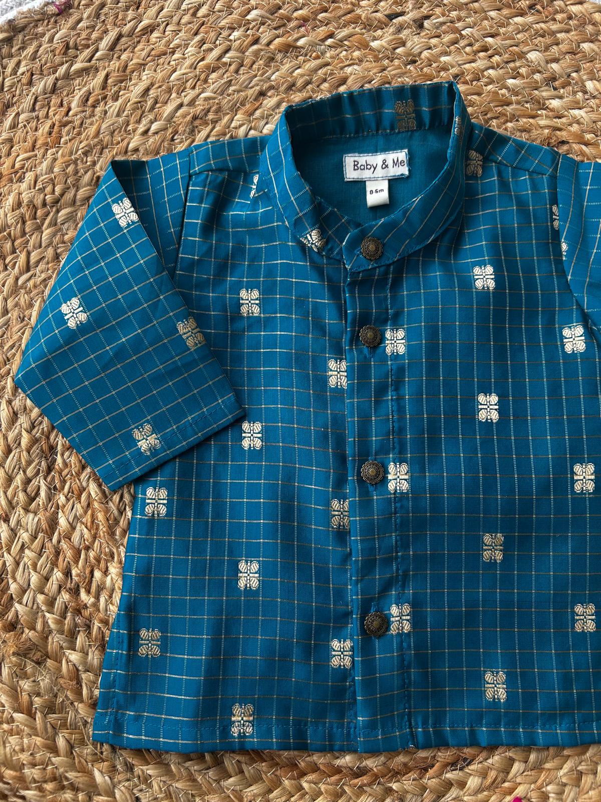 Peacock blue with gold reshme chowka Kurta Dhoti for baby boy - Festive Collection