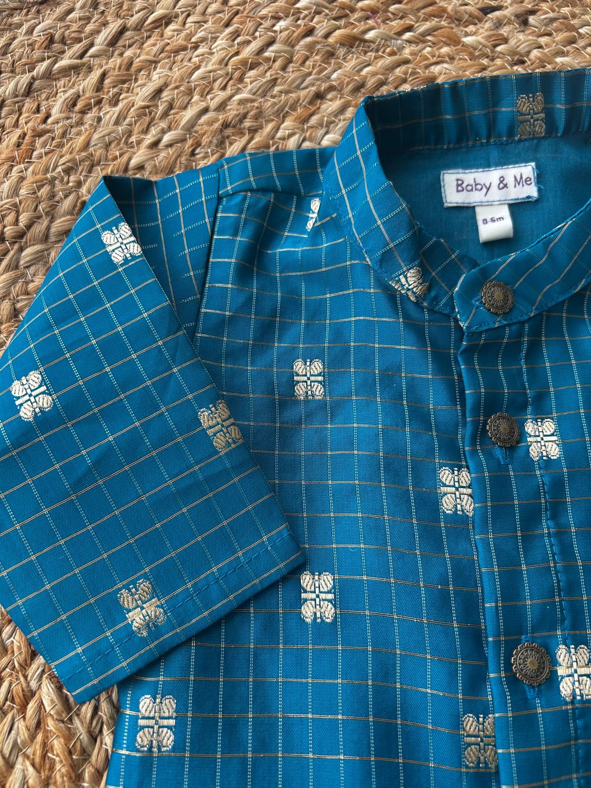 Peacock blue with gold reshme chowka Kurta Dhoti for baby boy - Festive Collection