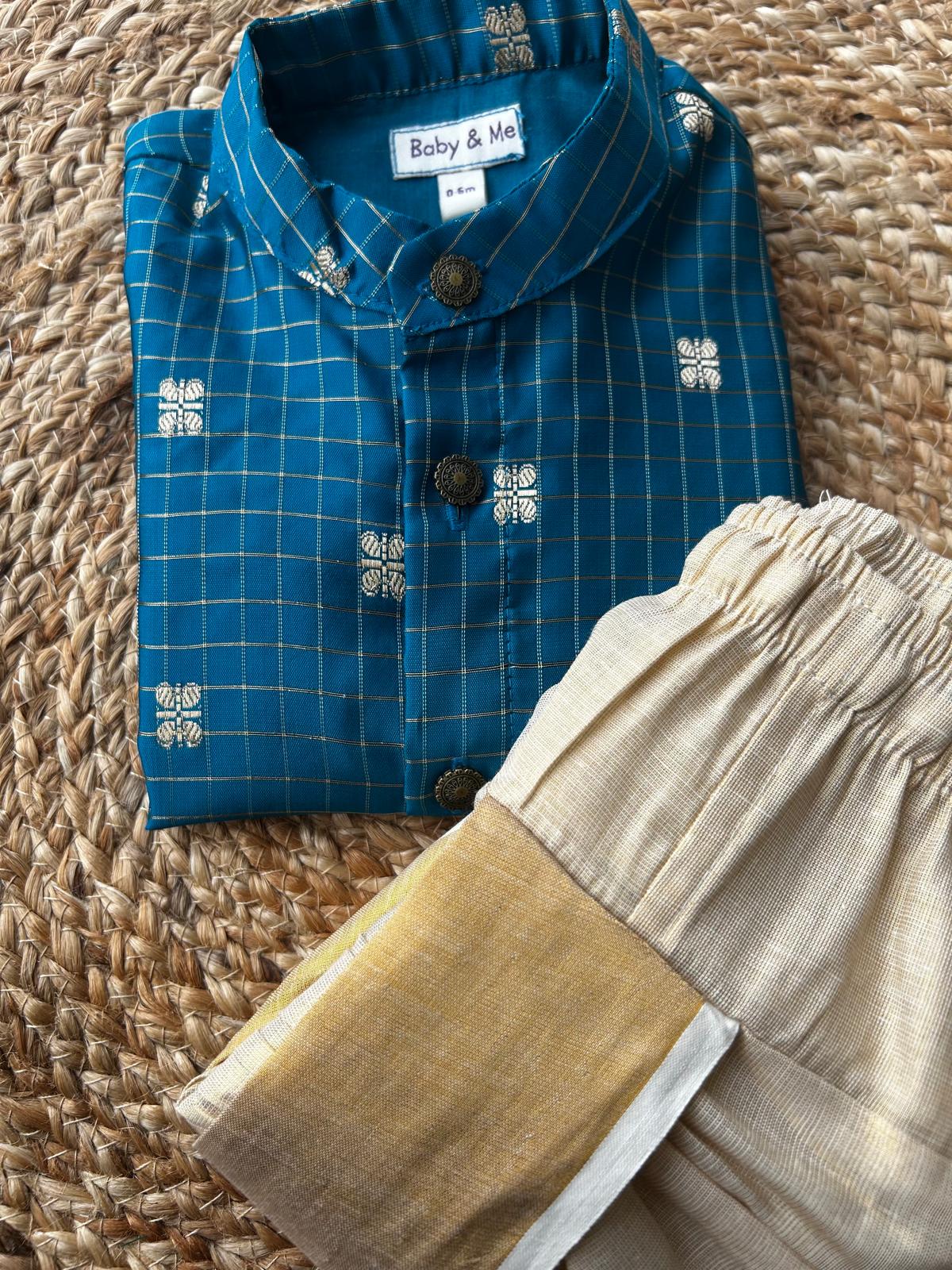 Peacock blue with gold reshme chowka Kurta Dhoti for baby boy - Festive Collection