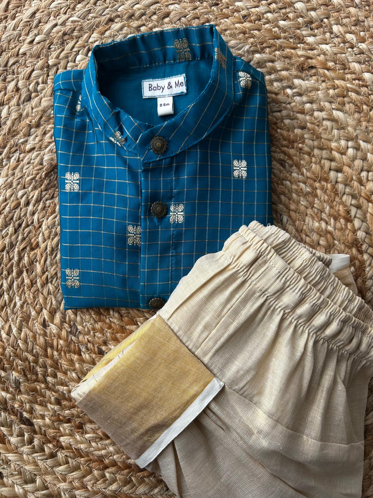 Peacock blue with gold reshme chowka Kurta Dhoti for baby boy - Festive Collection