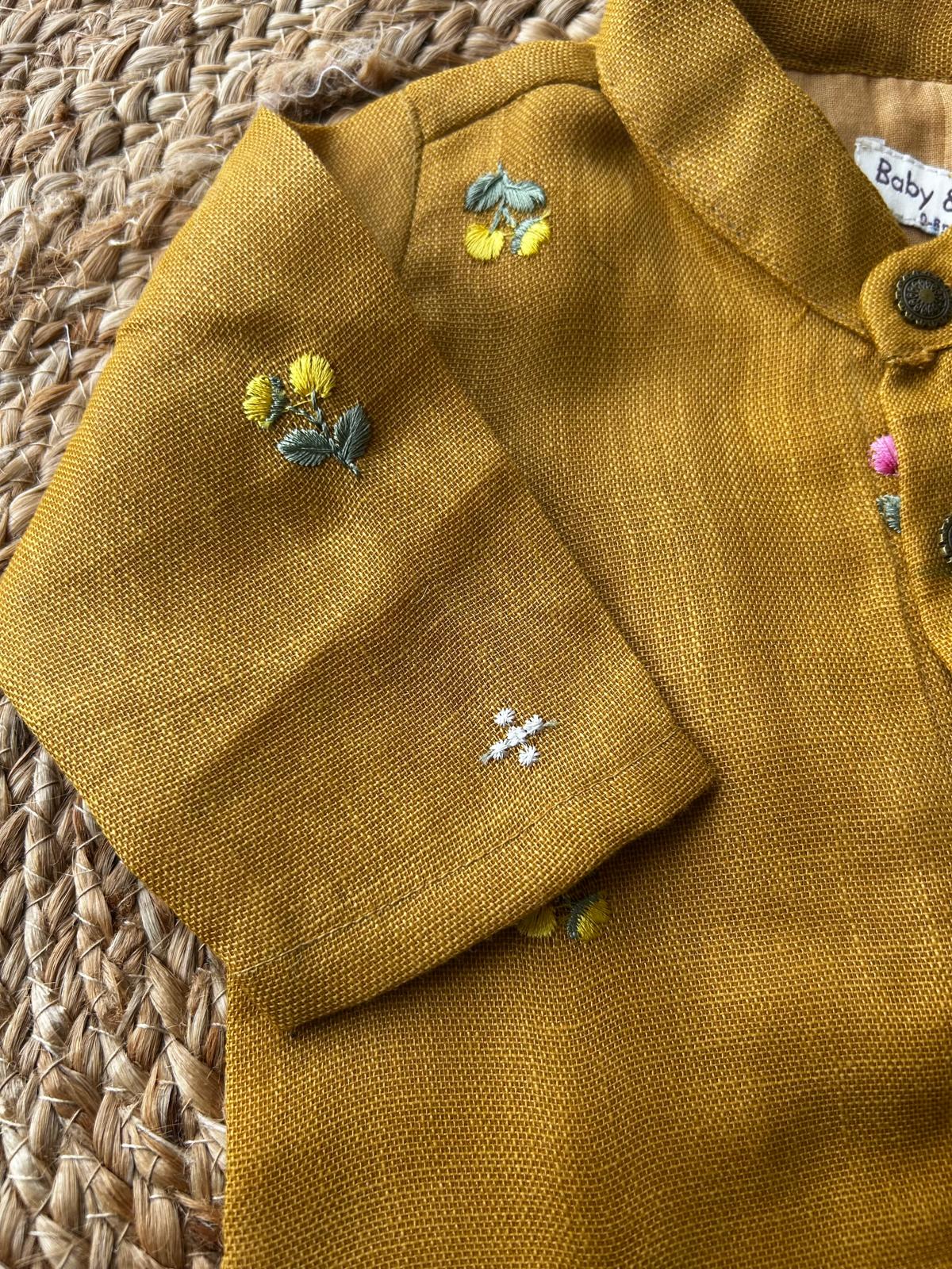 Pure Linen mustard yellow Kurta with maroon Dhoti for baby boy (Copy)