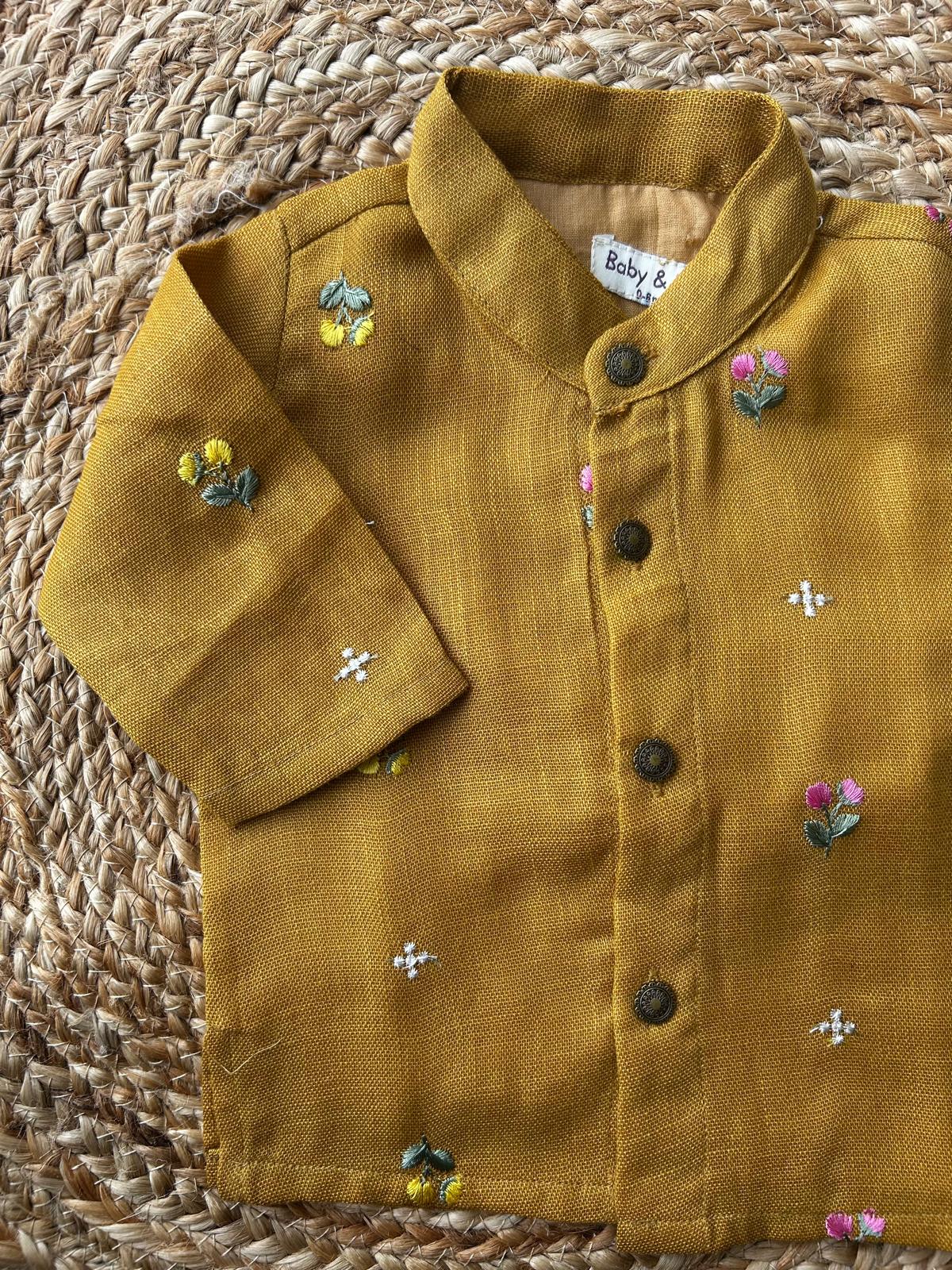 Pure Linen mustard yellow Kurta with maroon Dhoti for baby boy (Copy)