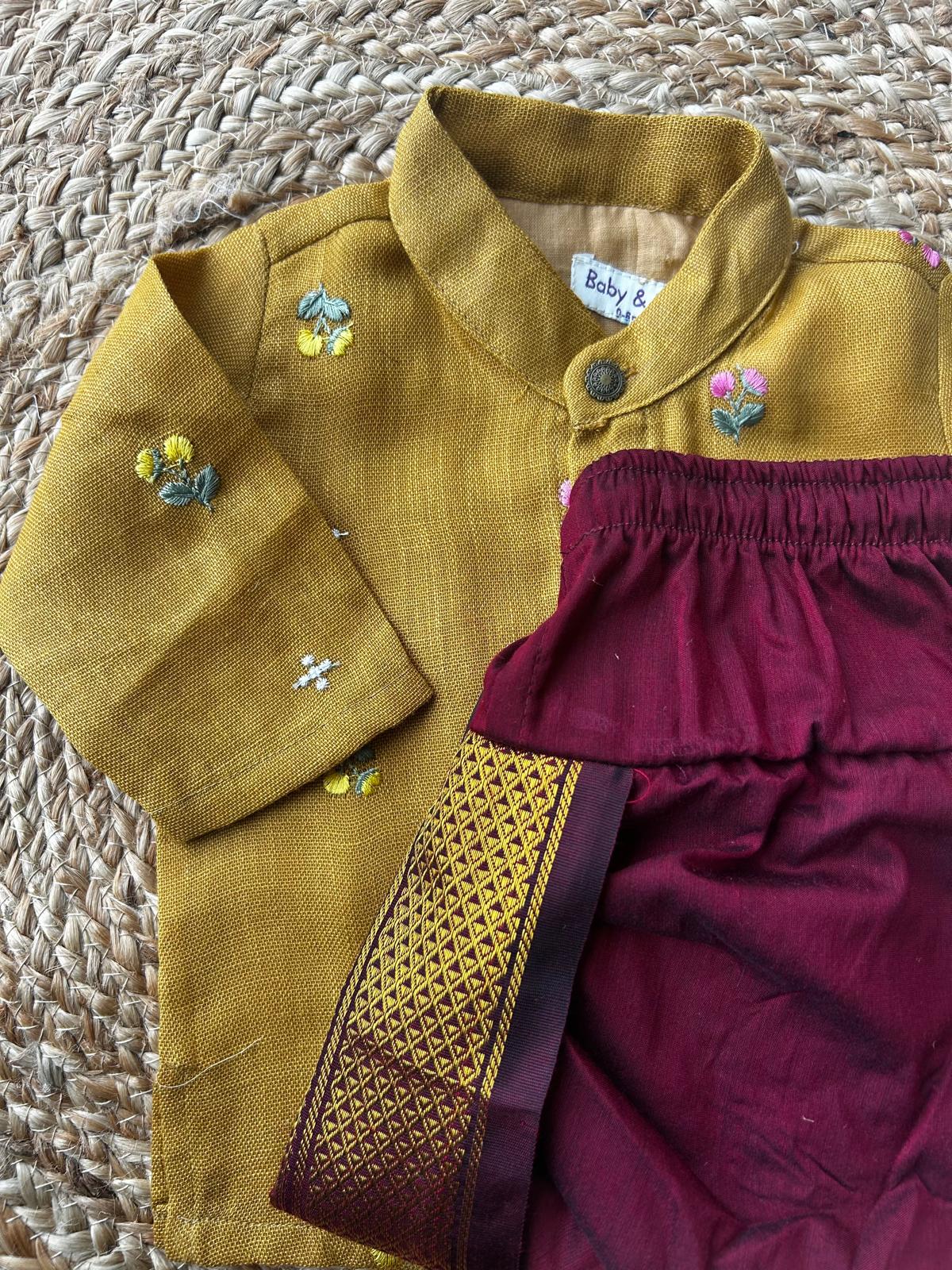 Pure Linen mustard yellow Kurta with maroon Dhoti for baby boy (Copy)